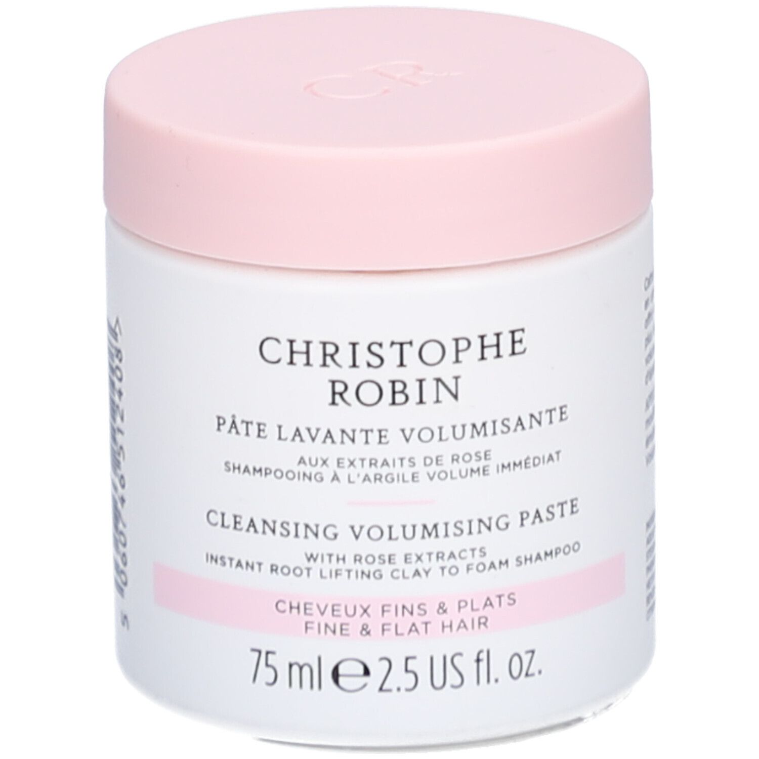 Pot blanc avec couvercle rose. Inscription: Christophe Robin, Pâte Lavante Volumisante, 75 ml.