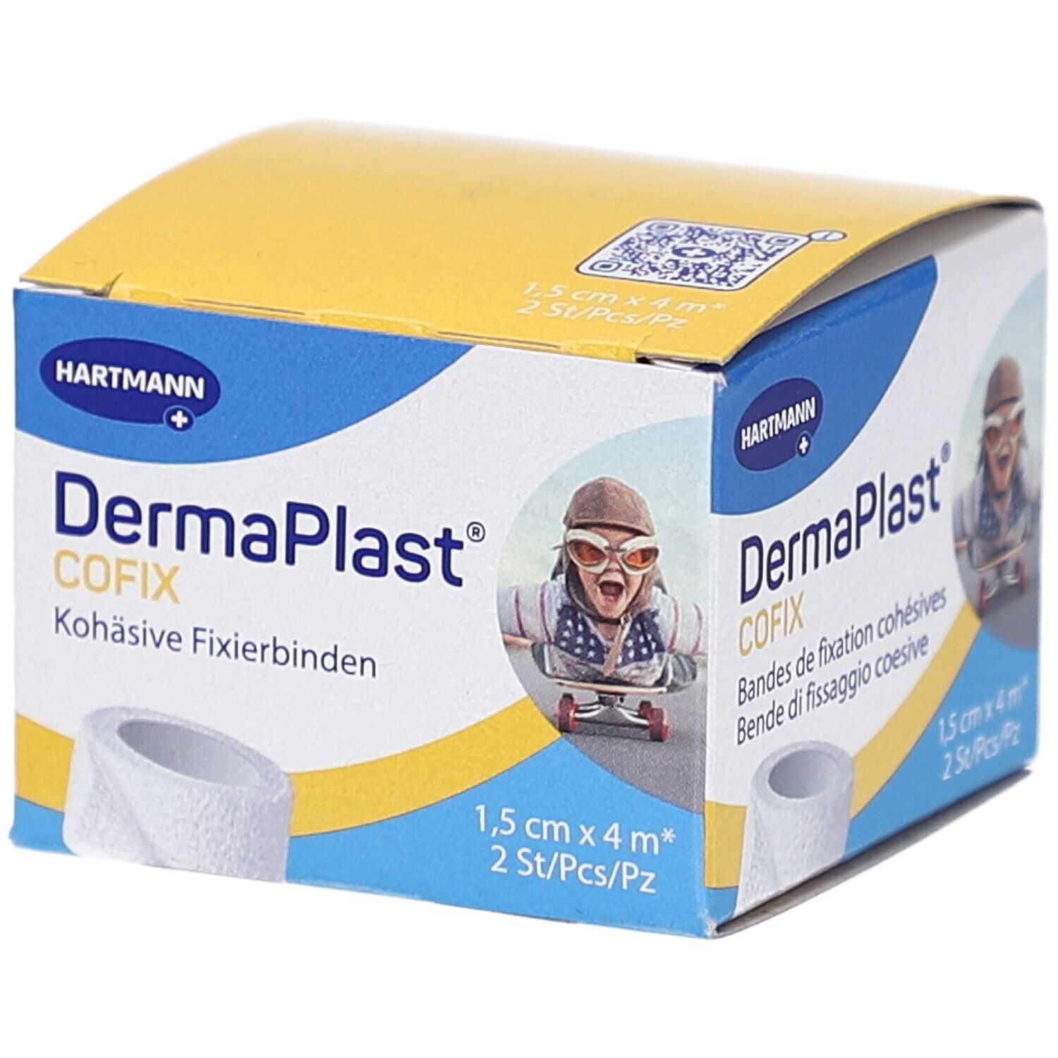 Boîte de bandes de fixation DermaPlast Cofix. Inscriptions : Hartmann, 1,5 cm x 4 m, 2 pièces. Illustration d'un enfant avec des lunettes.