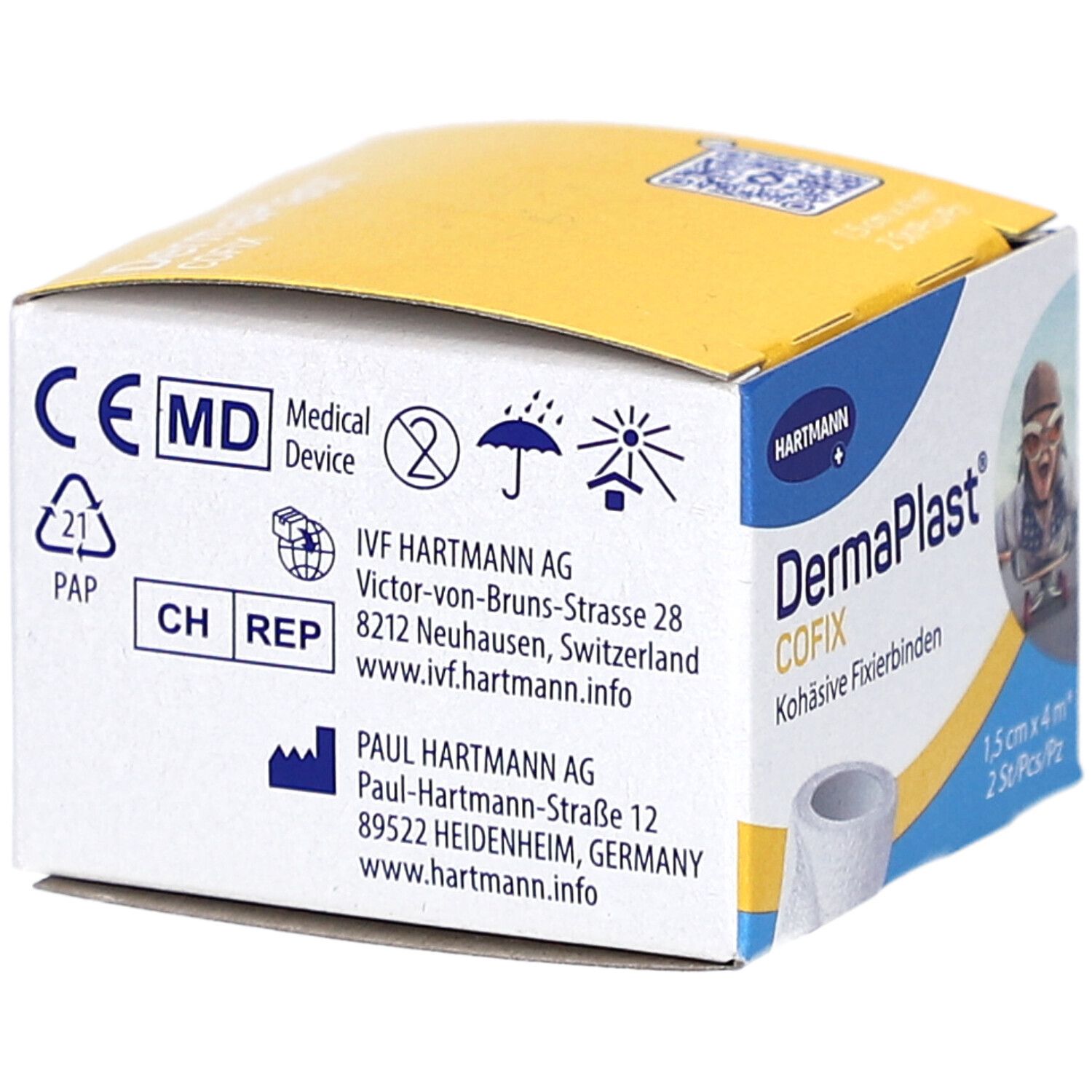 Dos de la boîte DermaPlast Cofix. Inscriptions : marquage CE, Medical Device, IVF Hartmann AG, Paul Hartmann AG.