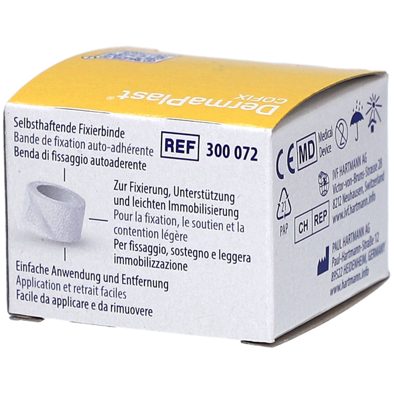 Côté de la boîte DermaPlast Cofix. Inscriptions : REF 300 072, Bande de fixation auto-adhérente, marquage CE, Medical Device.