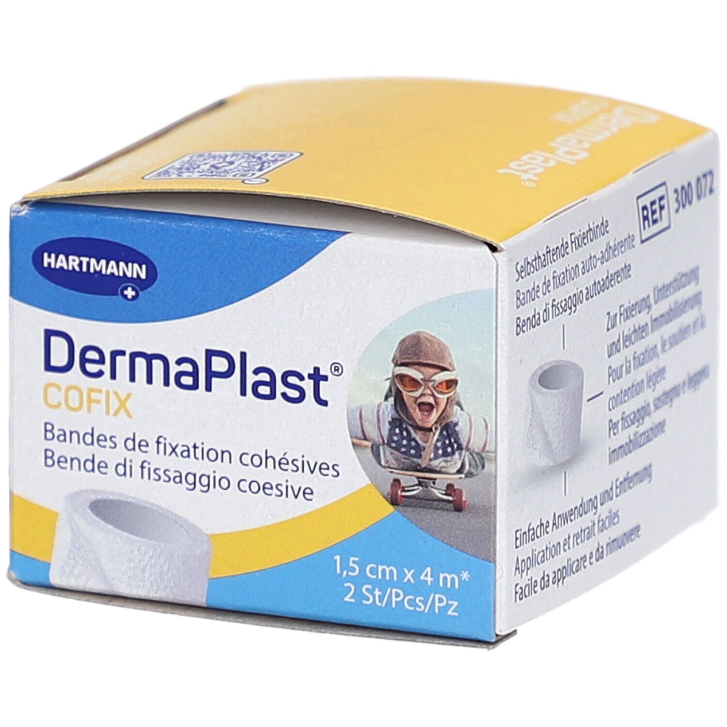 Boîte de bandes de fixation DermaPlast Cofix. Inscriptions : Hartmann, 1,5 cm x 4 m, 2 pièces. Illustration d'un enfant avec des lunettes.