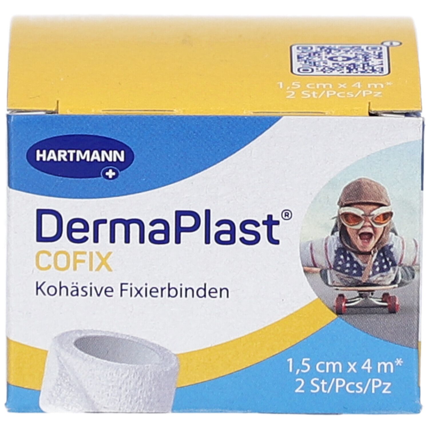 Boîte de bandes de fixation DermaPlast Cofix. Inscriptions : Hartmann, 1,5 cm x 4 m, 2 pièces. Illustration d'un enfant avec des lunettes.