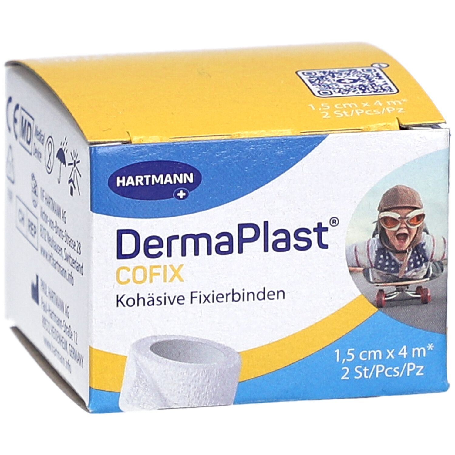 Boîte de bandes de fixation DermaPlast Cofix. Inscriptions : Hartmann, 1,5 cm x 4 m, 2 pièces. Illustration d'un enfant avec des lunettes.