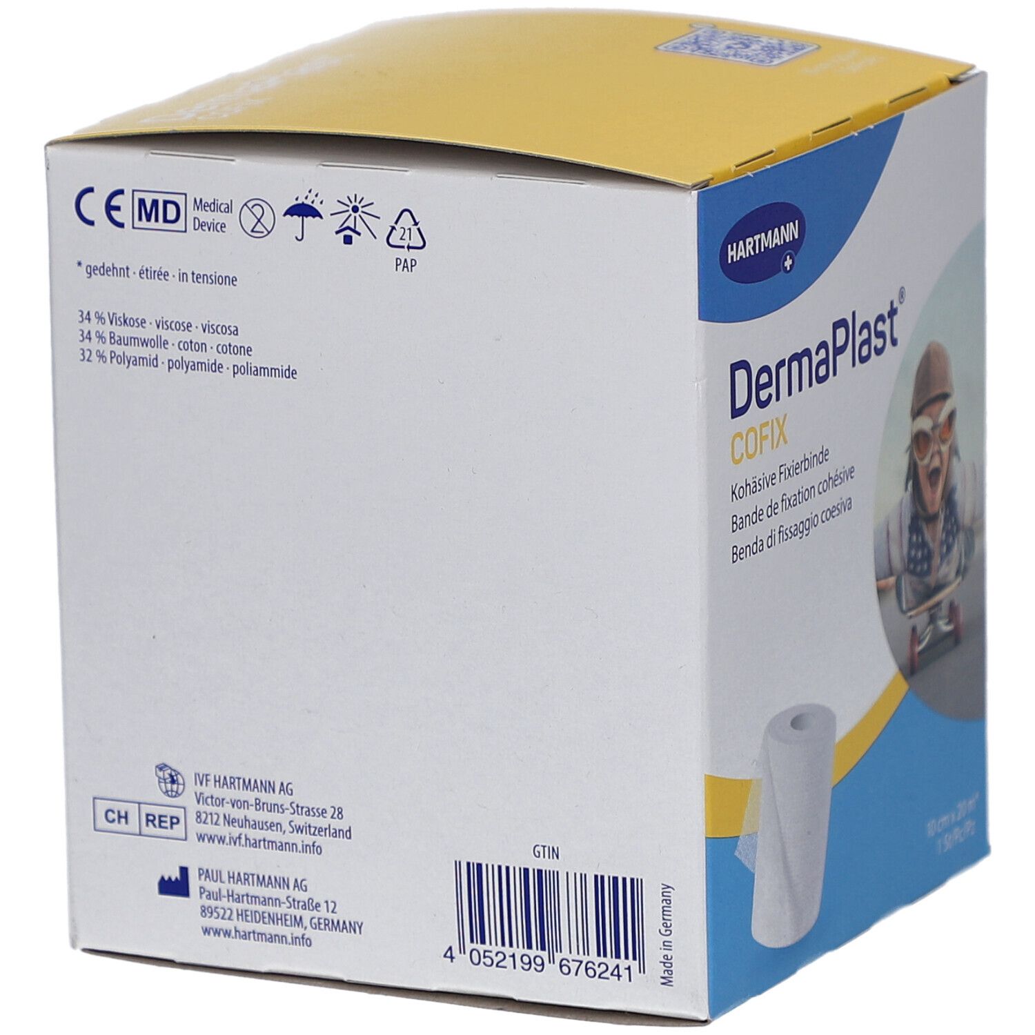 Dos de l'emballage DERMAPLAST CoFix. Dispositif médical. Ingrédients. Code-barres.