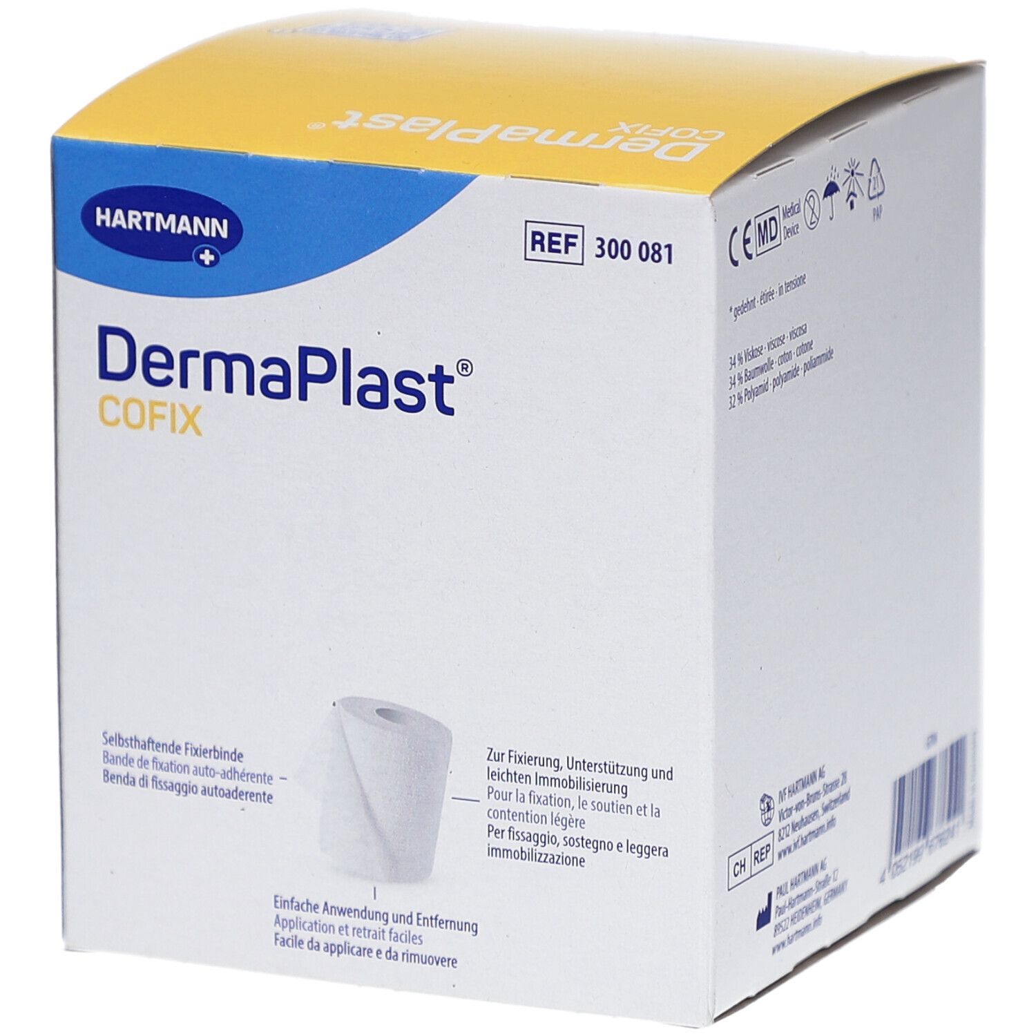Emballage DERMAPLAST CoFix. Rouleau de bandage de fixation blanc. Logo Hartmann. REF 300 081.