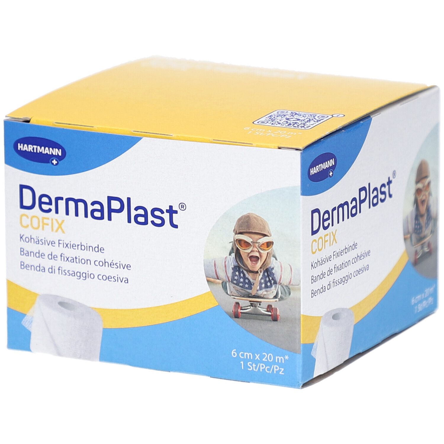 Karton mit DermaPlast COFIX. Aufdrucke: Hartmann, Kohäsive Fixierbinde, 6cm x 20m. Abbildung eines Kindes auf Skateboard.