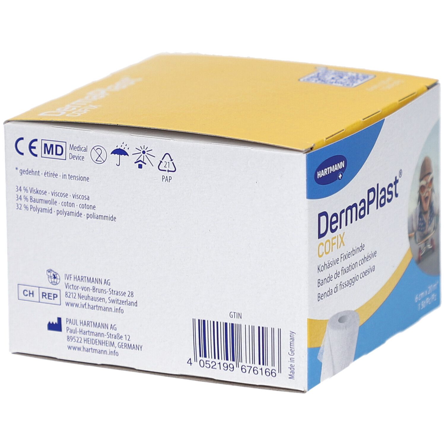 Rückseite der DermaPlast COFIX-Verpackung. Aufdrucke: Hartmann, CE-Kennzeichnung, Inhaltsstoffe, Barcode, Made in Germany.