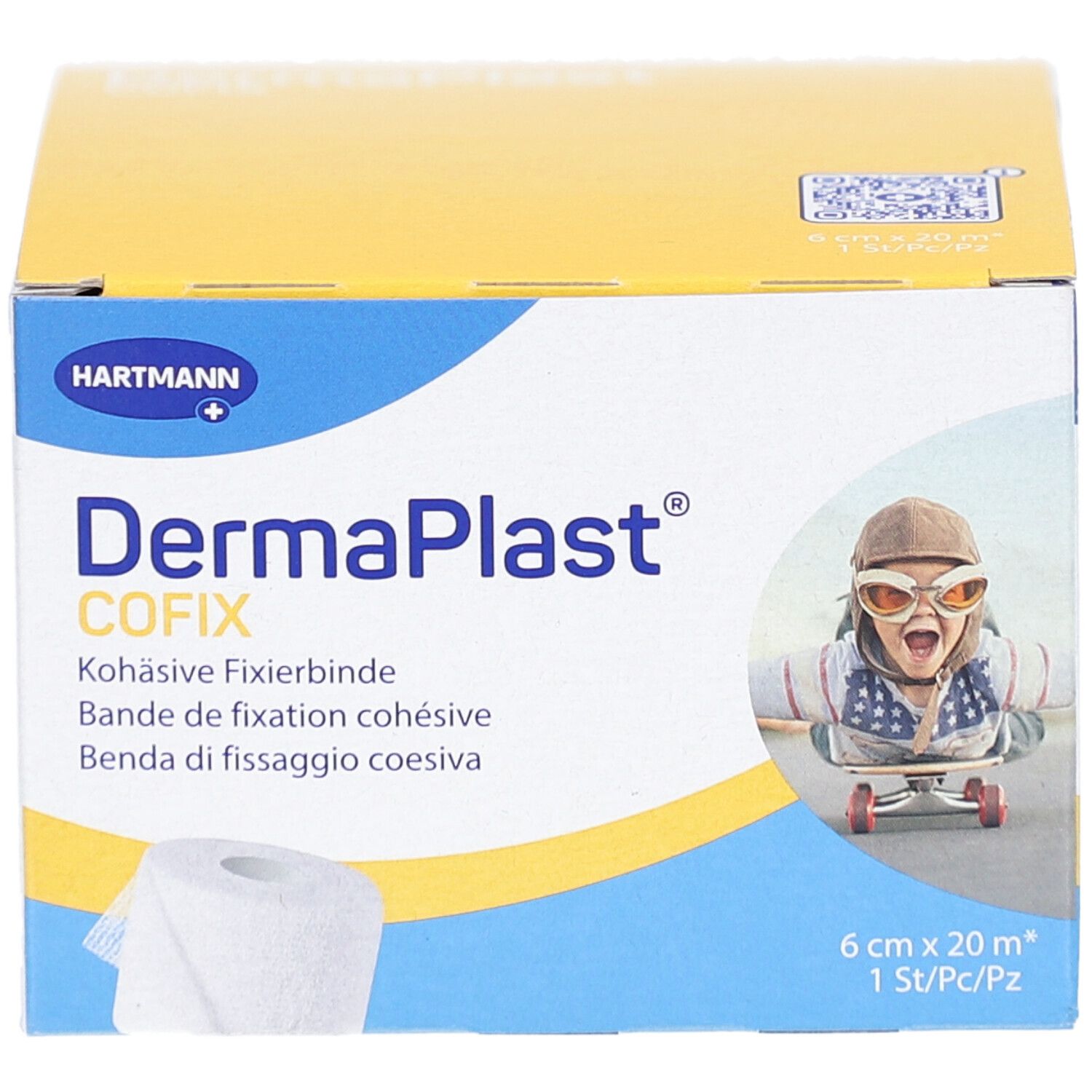 Karton mit DermaPlast COFIX. Aufdrucke: Hartmann, Kohäsive Fixierbinde, 6cm x 20m. Abbildung eines Kindes auf Skateboard.