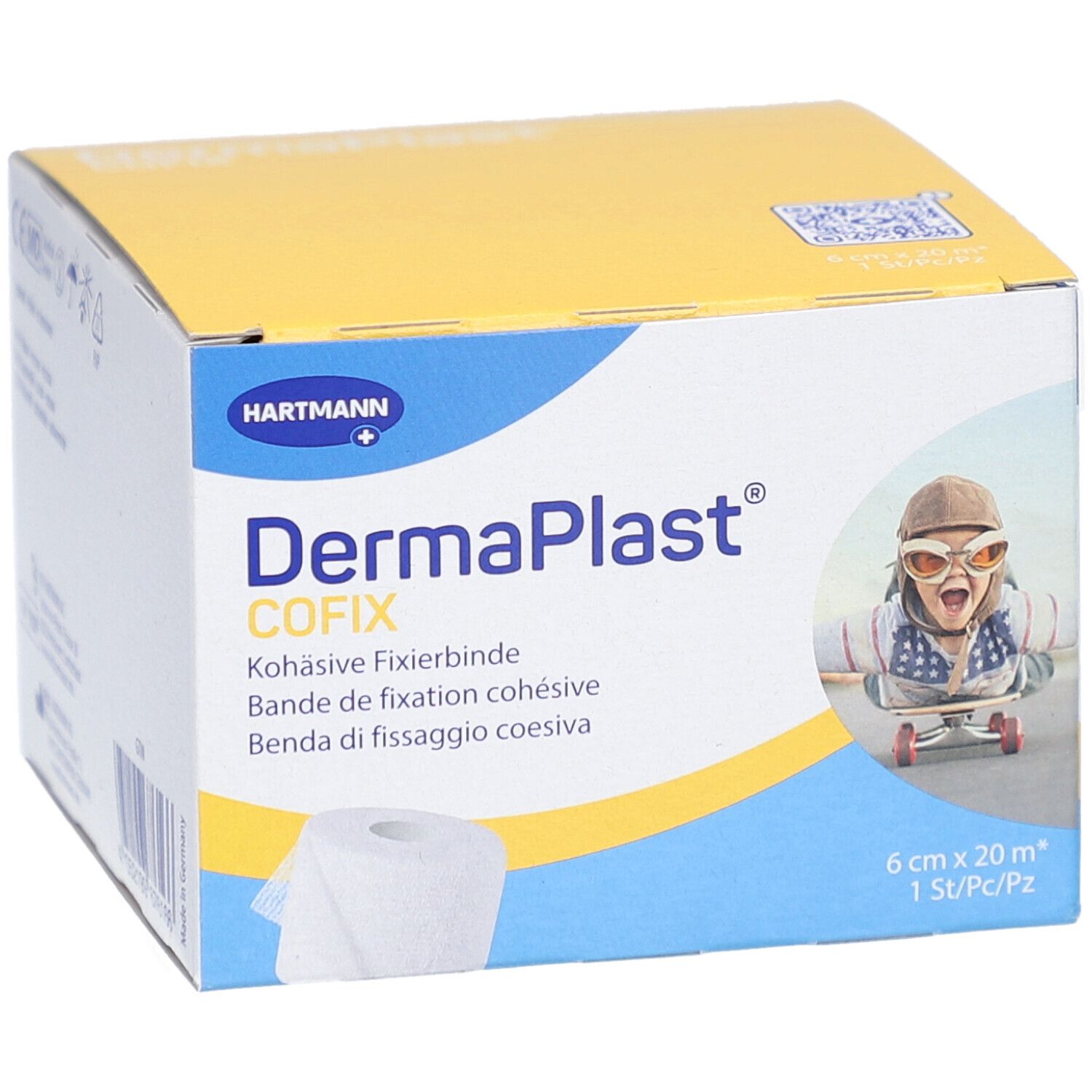 Karton mit DermaPlast COFIX. Aufdrucke: Hartmann, Kohäsive Fixierbinde, 6cm x 20m. Abbildung eines Kindes auf Skateboard.