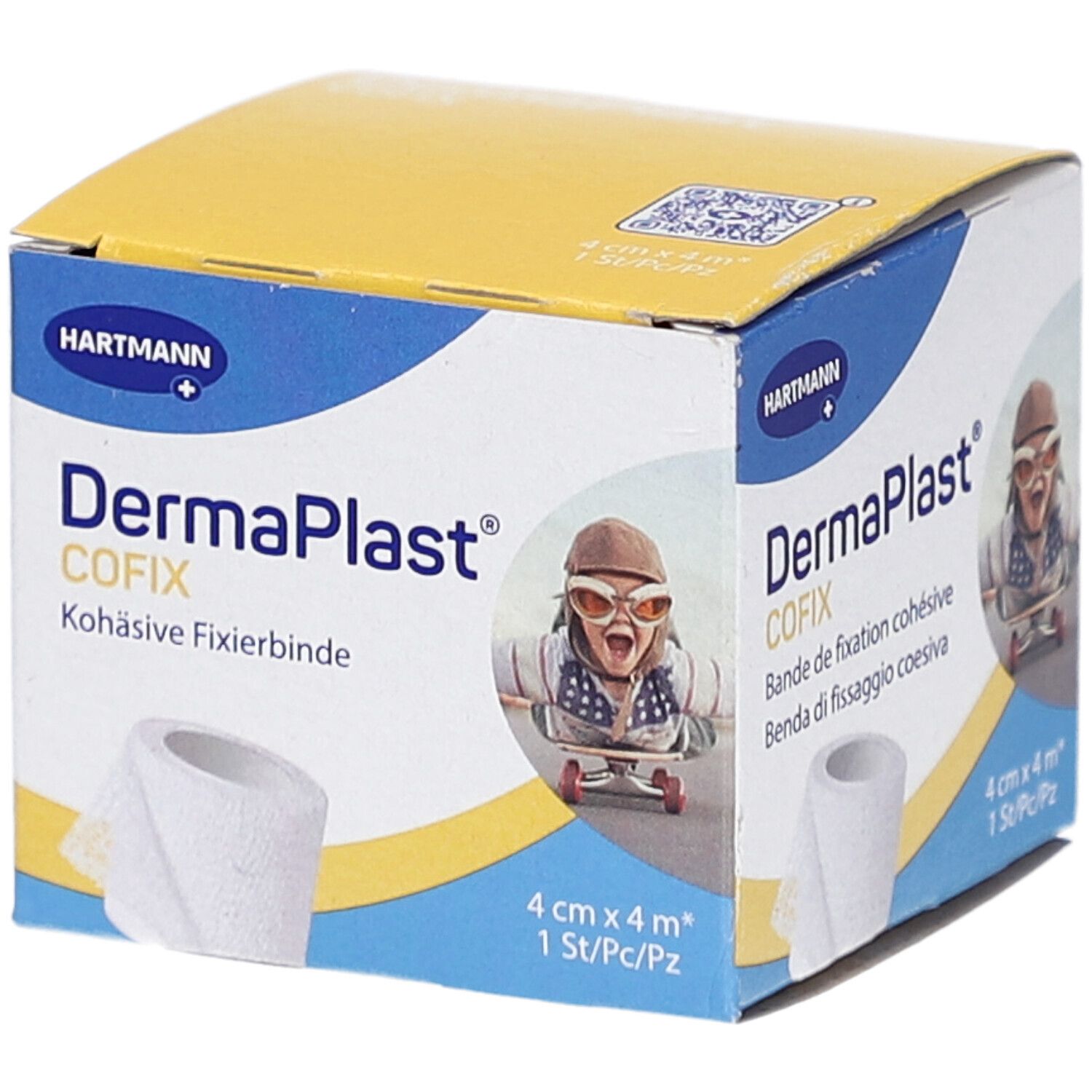 Verpackung von DERMAPLAST CoFix. Aufdruck: 4 cm x 4 m. Marke: Hartmann. Abbildung eines Kindes mit Brille.
