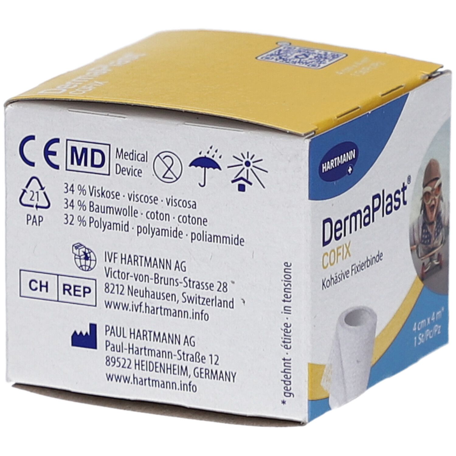 Verpackung von DERMAPLAST CoFix. Aufdruck: 4 cm x 4 m. Marke: Hartmann. Medizinprodukt-Kennzeichnung. Inhaltsstoffe.