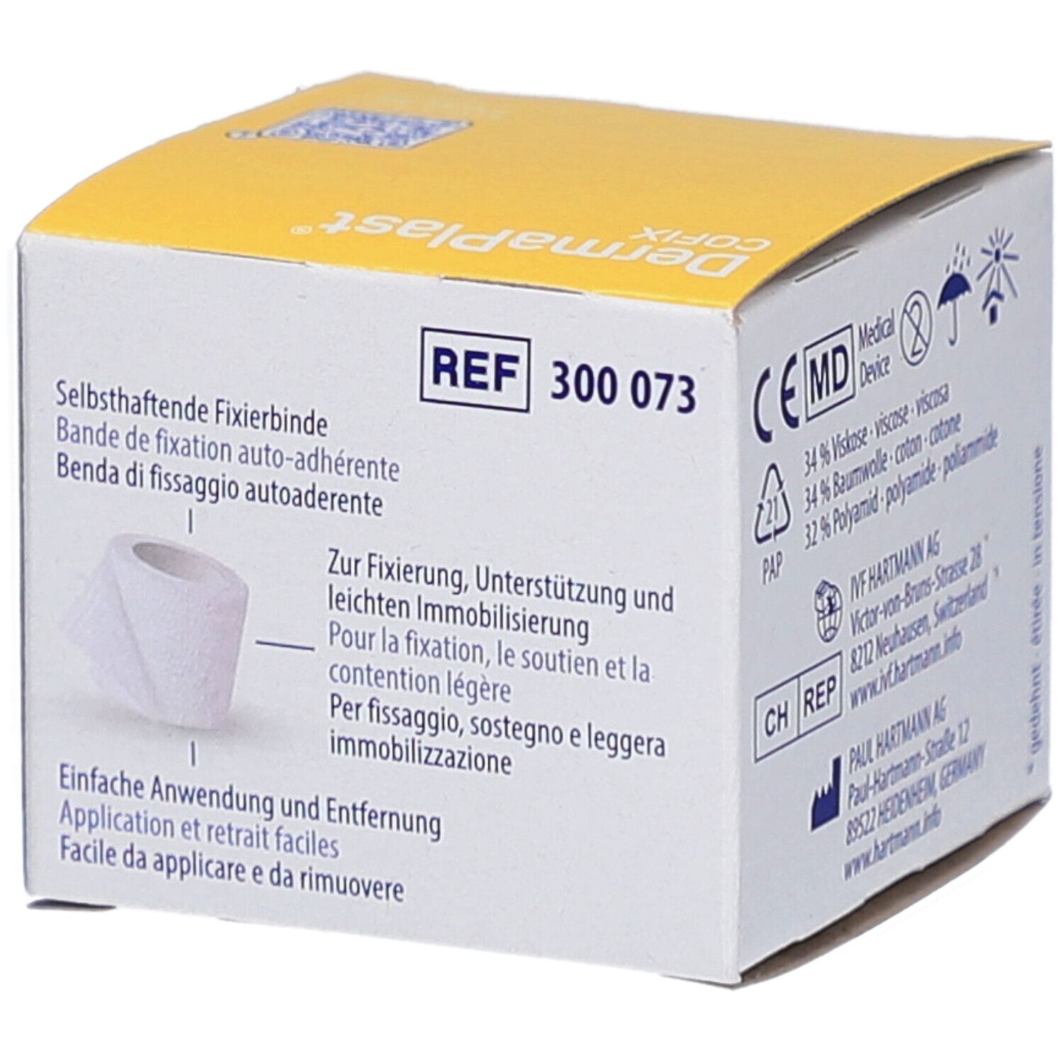 Verpackung von DERMAPLAST CoFix. Aufdruck: 4 cm x 4 m. Marke: Hartmann. Text: Selbsthaftende Fixierbinde.
