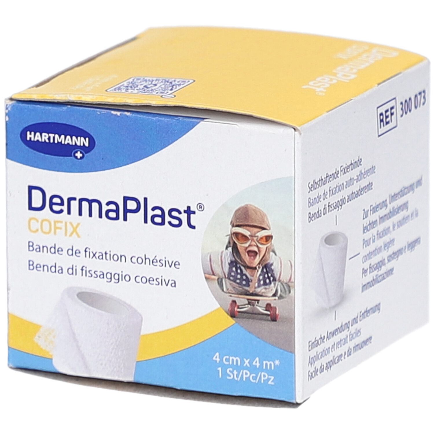 Verpackung von DERMAPLAST CoFix. Aufdruck: 4 cm x 4 m. Marke: Hartmann. Abbildung eines Kindes mit Brille.