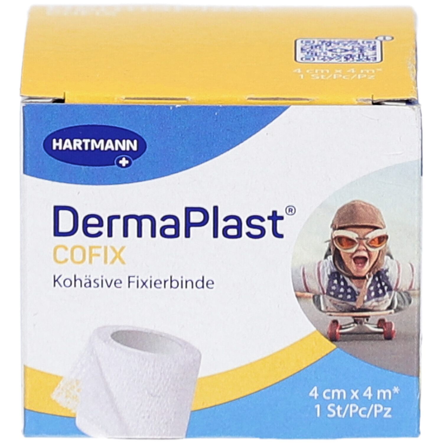 Verpackung von DERMAPLAST CoFix. Aufdruck: 4 cm x 4 m. Marke: Hartmann. Abbildung eines Kindes mit Brille.