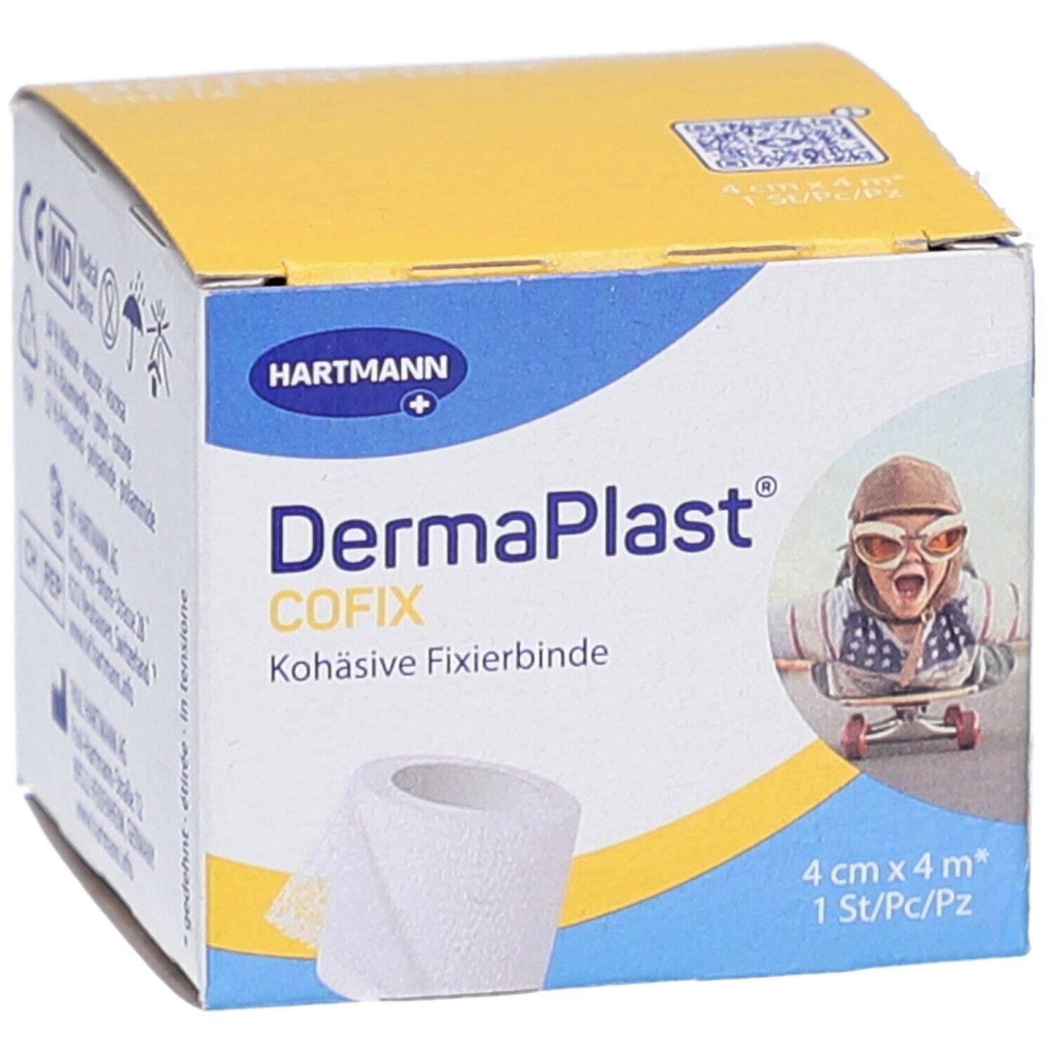 Verpackung von DERMAPLAST CoFix. Aufdruck: 4 cm x 4 m. Marke: Hartmann. Abbildung eines Kindes mit Brille.