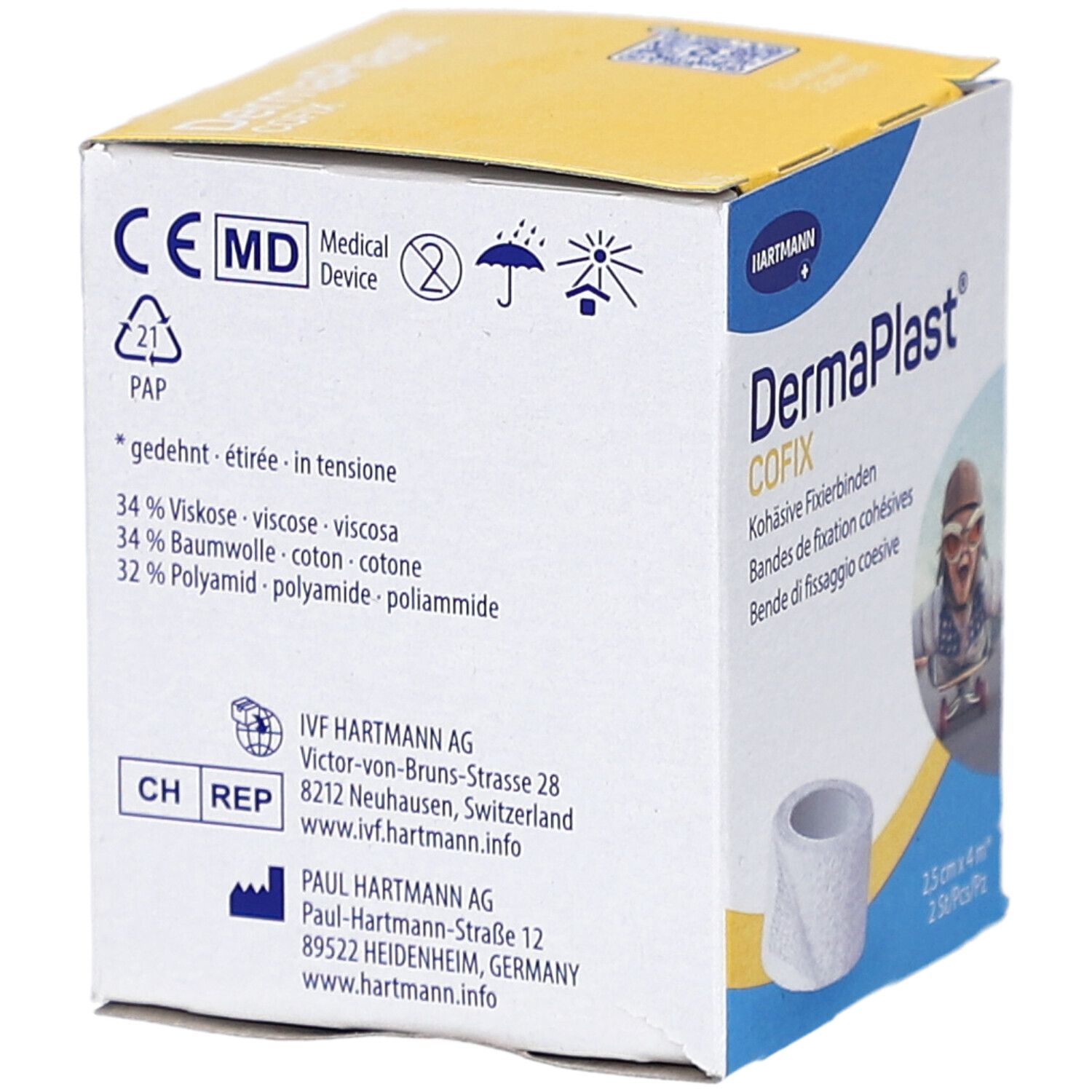 Karton DermaPlast Cofix. Aufdrucke: CE, Medical Device, Inhaltsstoffe, Hartmann-Adresse. Abbildung einer Bandage.