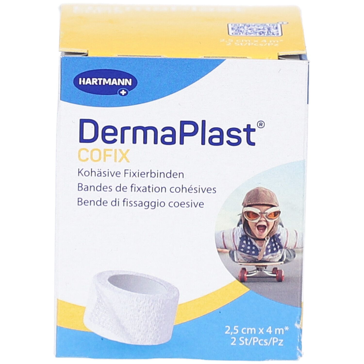 Karton DermaPlast Cofix. Aufdrucke: Hartmann, Kohäsive Fixierbinden, 2,5 cm x 4 m, 2 Stk/Pz. Abbildung einer Bandage.