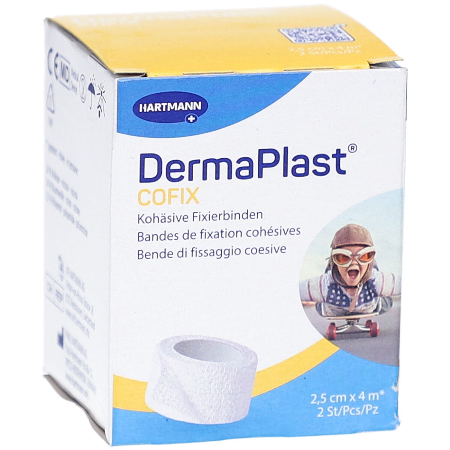 Karton DermaPlast Cofix. Aufdrucke: Hartmann, Kohäsive Fixierbinden, 2,5 cm x 4 m, 2 Stk/Pz. Abbildung einer Bandage.