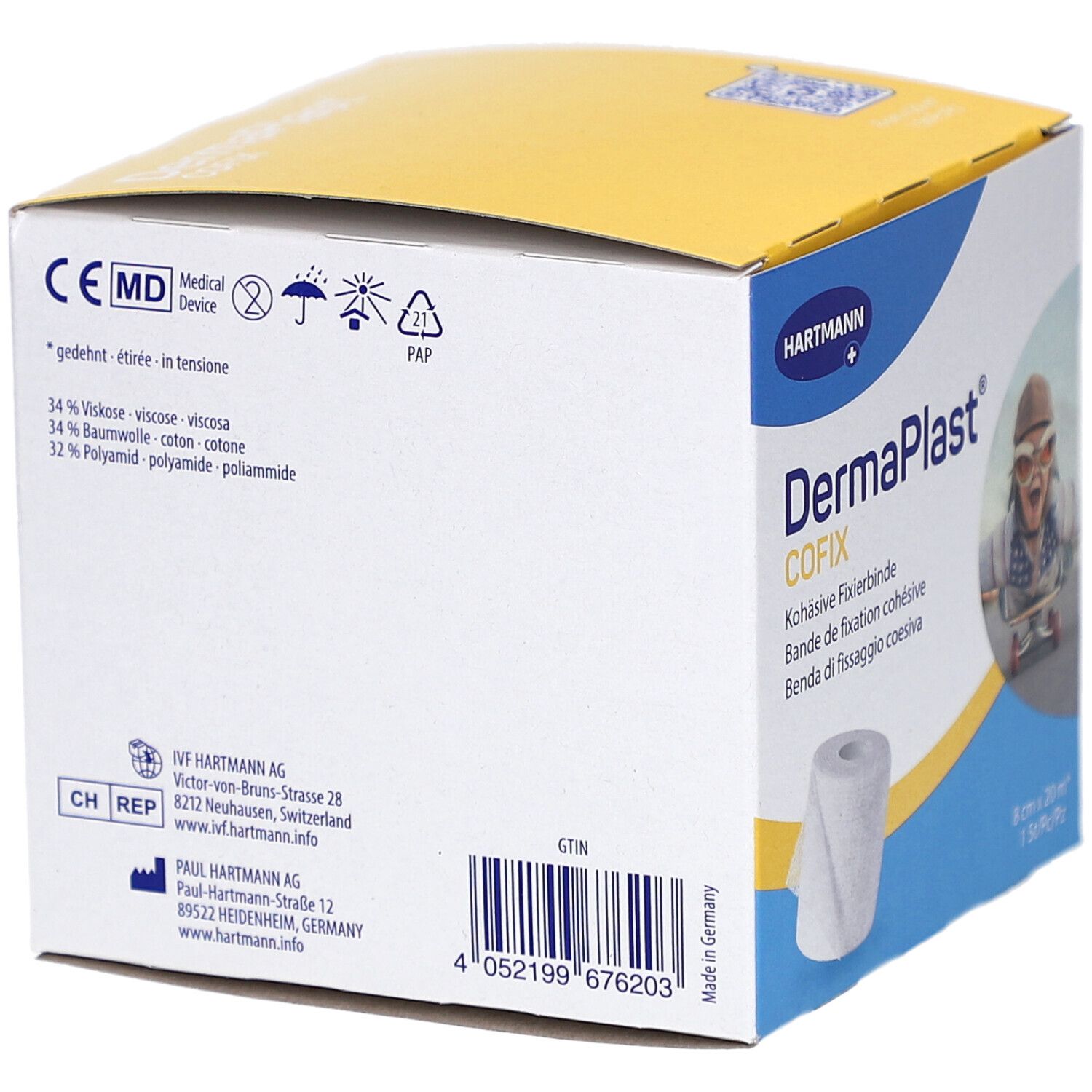 Rückseite der Hartmann DermaPlast Cofix Verpackung. Informationen zu Inhaltsstoffen, Hersteller und Zertifizierung.