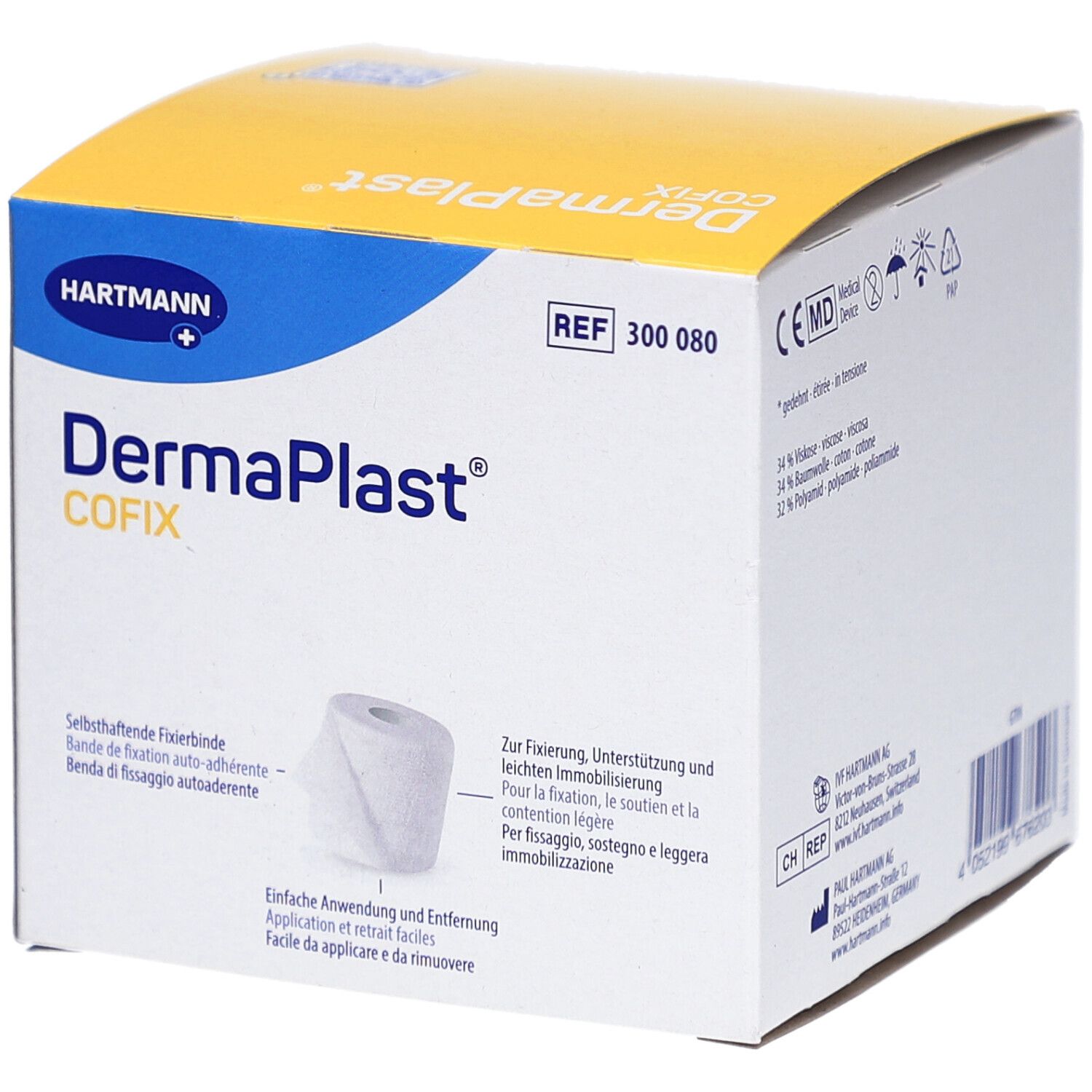 Hartmann DermaPlast Cofix Verpackung. Box mit Bandrolle. Text: Selbsthaftende Fixierbinde.