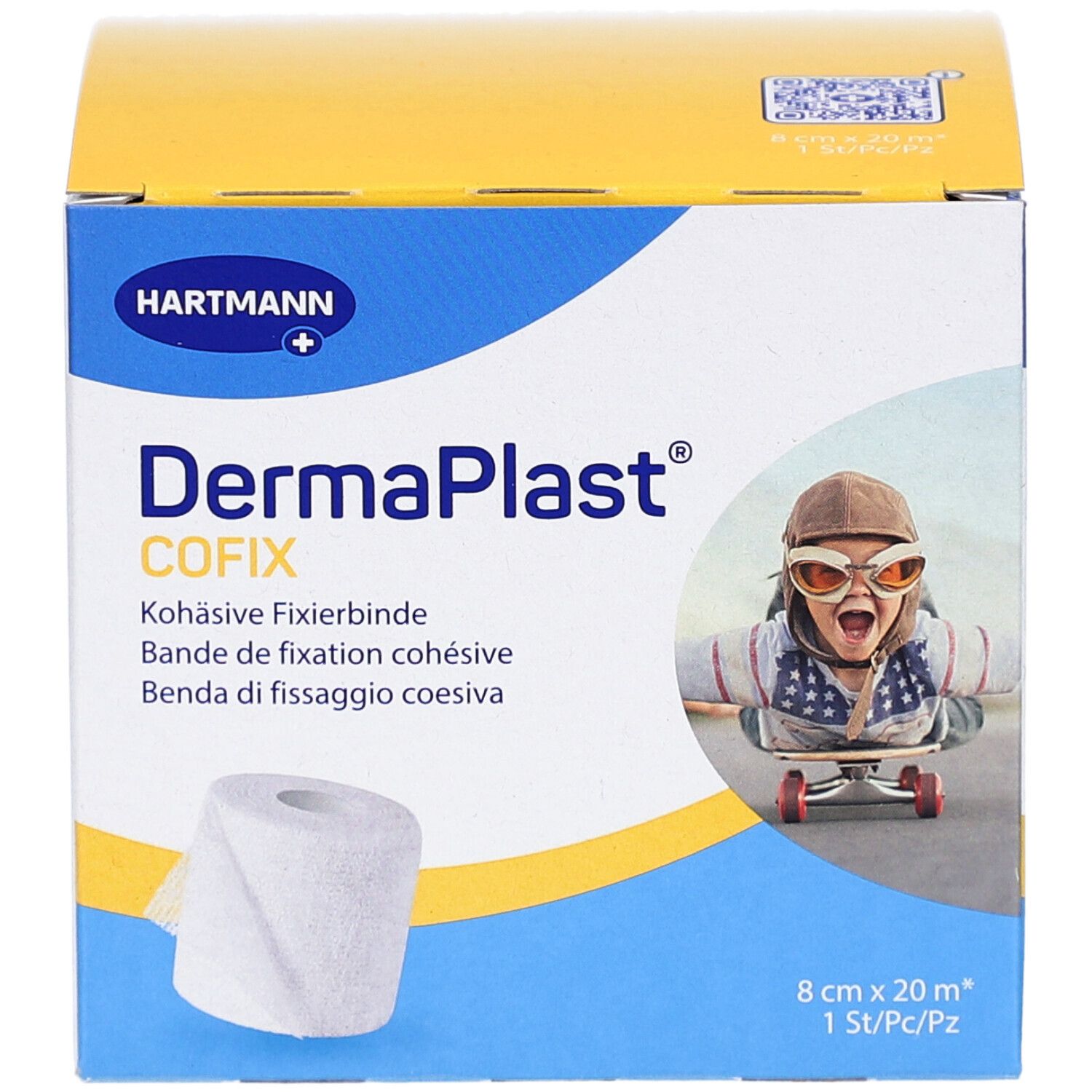 Hartmann DermaPlast Cofix Verpackung. Box mit Bandrolle und Kind auf Skateboard. 8 cm x 20 m.