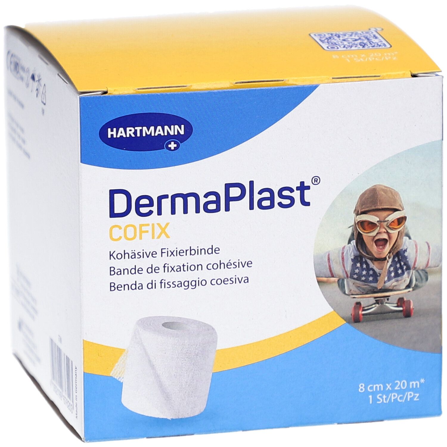 Hartmann DermaPlast Cofix Verpackung. Box mit Bandrolle und Kind auf Skateboard. 8 cm x 20 m.