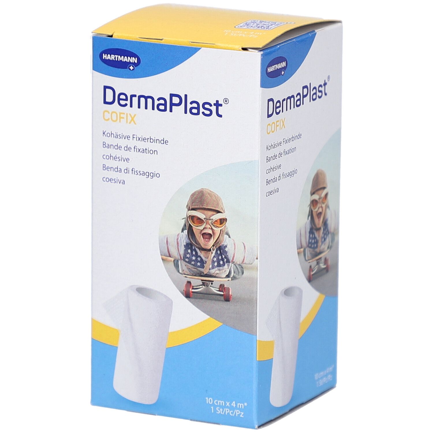 Verpackung von DermaPlast CoFix. Aufdruck: 10 cm x 4 m. Produktabbildung und Logo. Kind auf Skateboard.