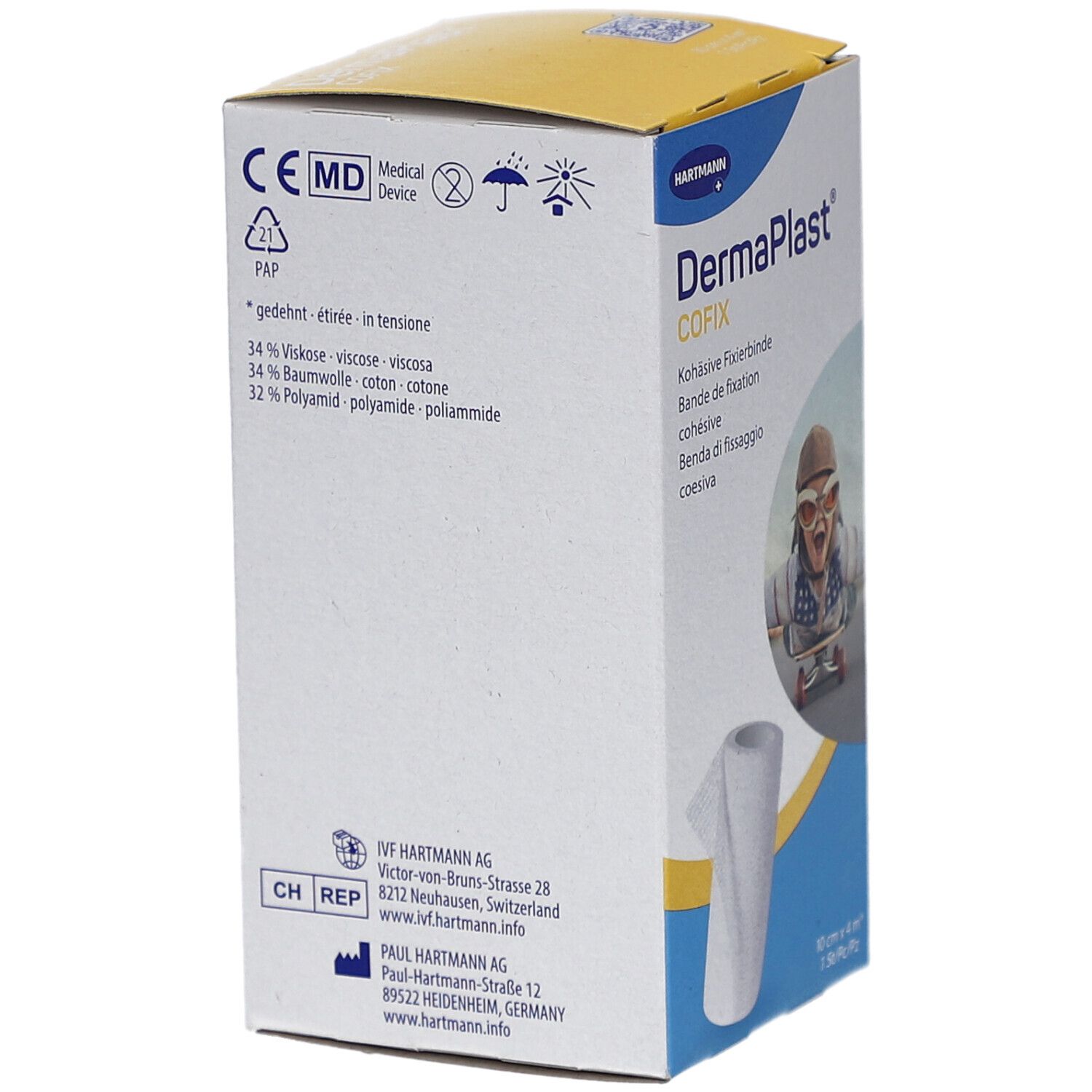 Rückseite der Verpackung von DermaPlast CoFix. Text in mehreren Sprachen. CE-Kennzeichnung. Inhaltsstoffe.