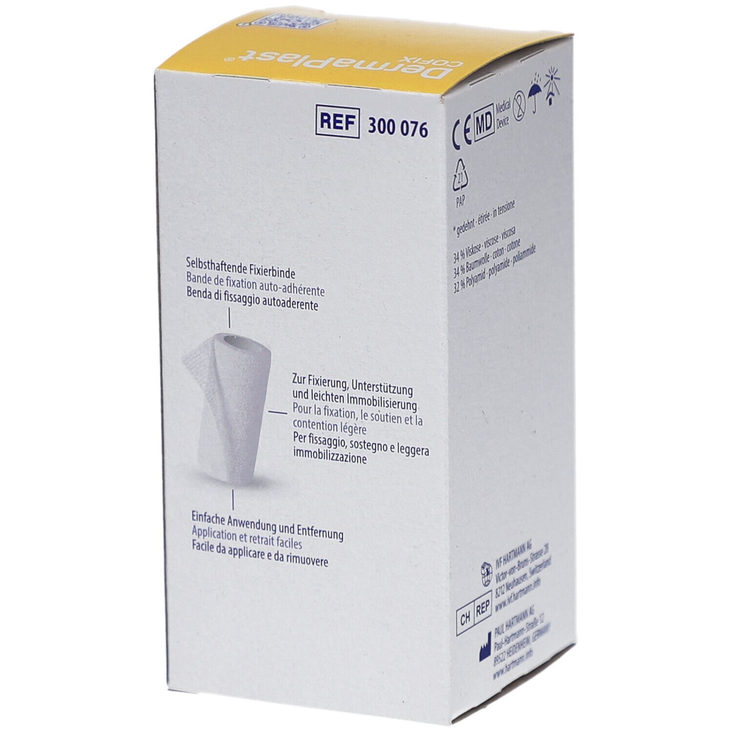 Seite der Verpackung von DermaPlast CoFix. Produktbeschreibung in mehreren Sprachen. REF-Nummer.