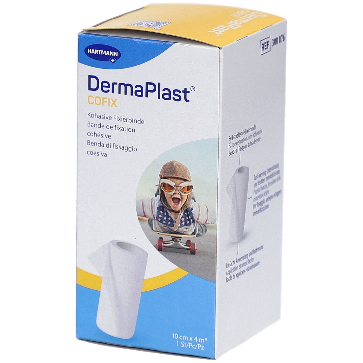 Verpackung von DermaPlast CoFix. Produktabbildung und Logo. Kind auf Skateboard. Aufdruck: 10 cm x 4 m.