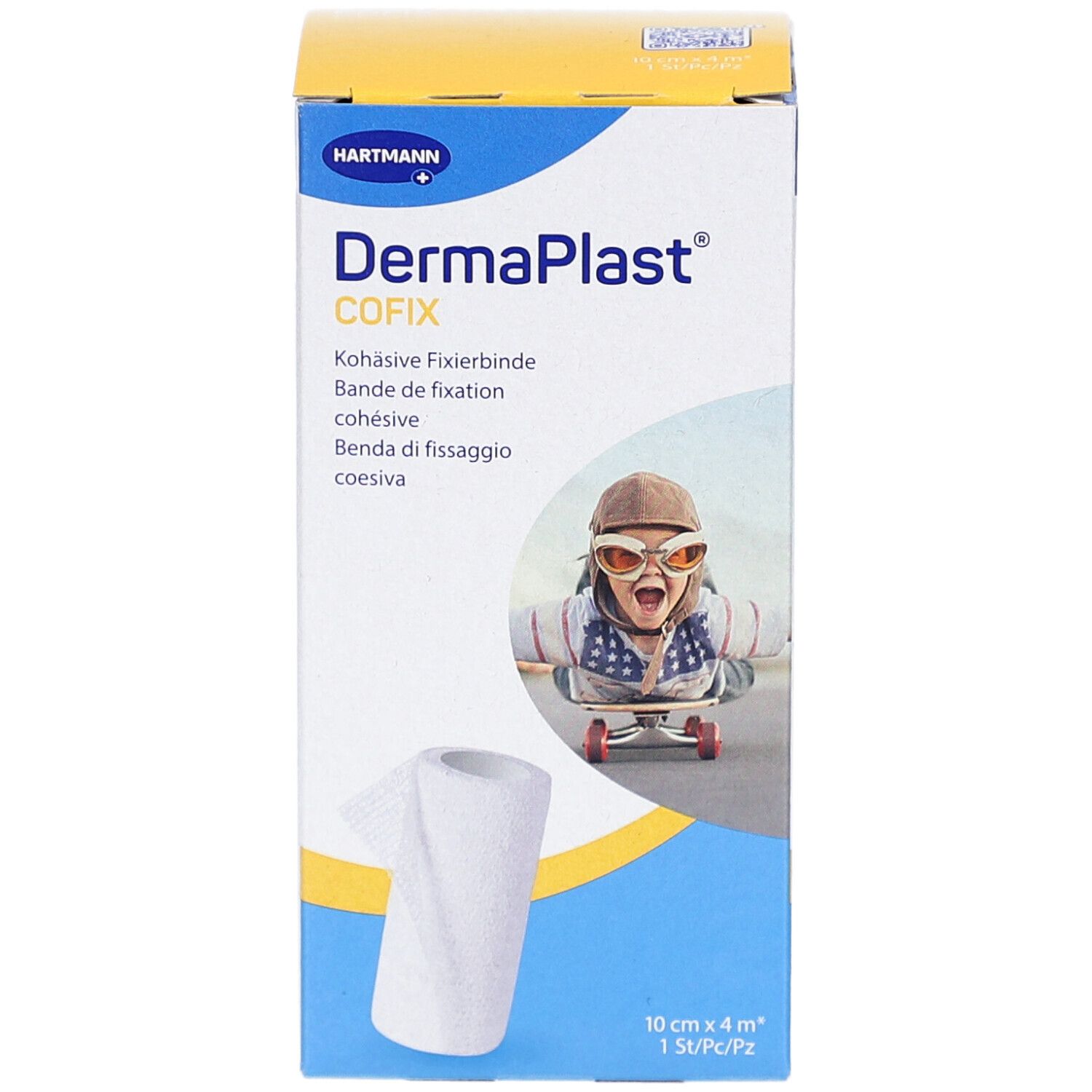 Verpackung von DermaPlast CoFix. Produktabbildung und Logo. Kind auf Skateboard. Aufdruck: 10 cm x 4 m.