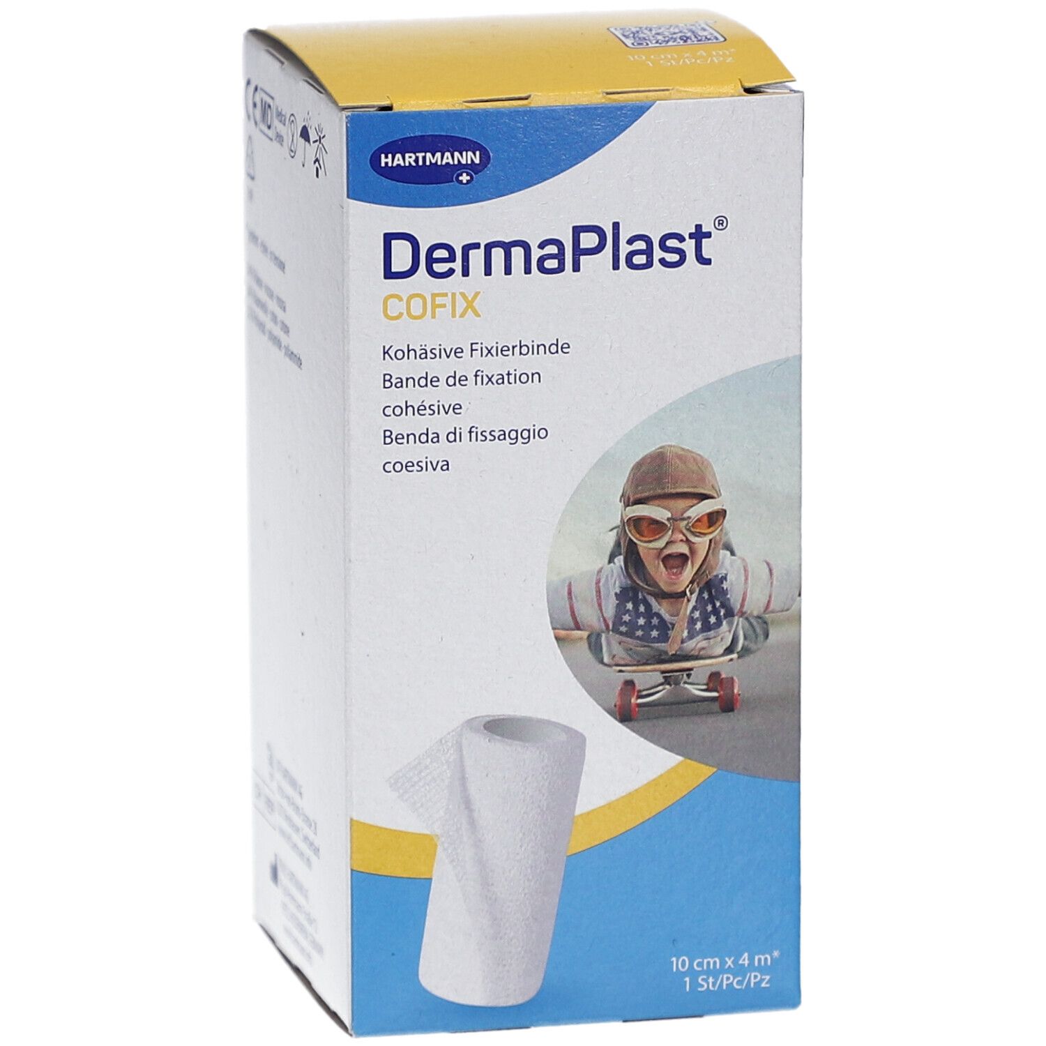 Verpackung von DermaPlast CoFix. Produktabbildung und Logo. Kind auf Skateboard. Aufdruck: 10 cm x 4 m.