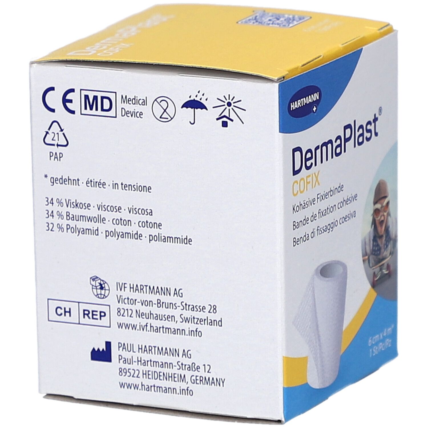 Kartonverpackung von Hartmann DermaPlast Cofix. Enthält Informationen zu Inhaltsstoffen und Hersteller. CE-Kennzeichnung.