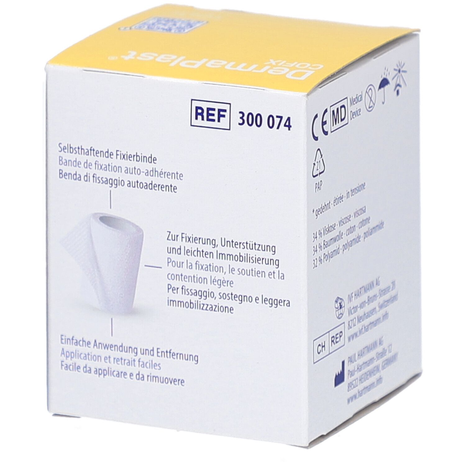 Hartmann DermaPlast Cofix Fixierbinde. Verpackung mit Produktinformationen. REF-Nummer 300 074. CE-Kennzeichnung.