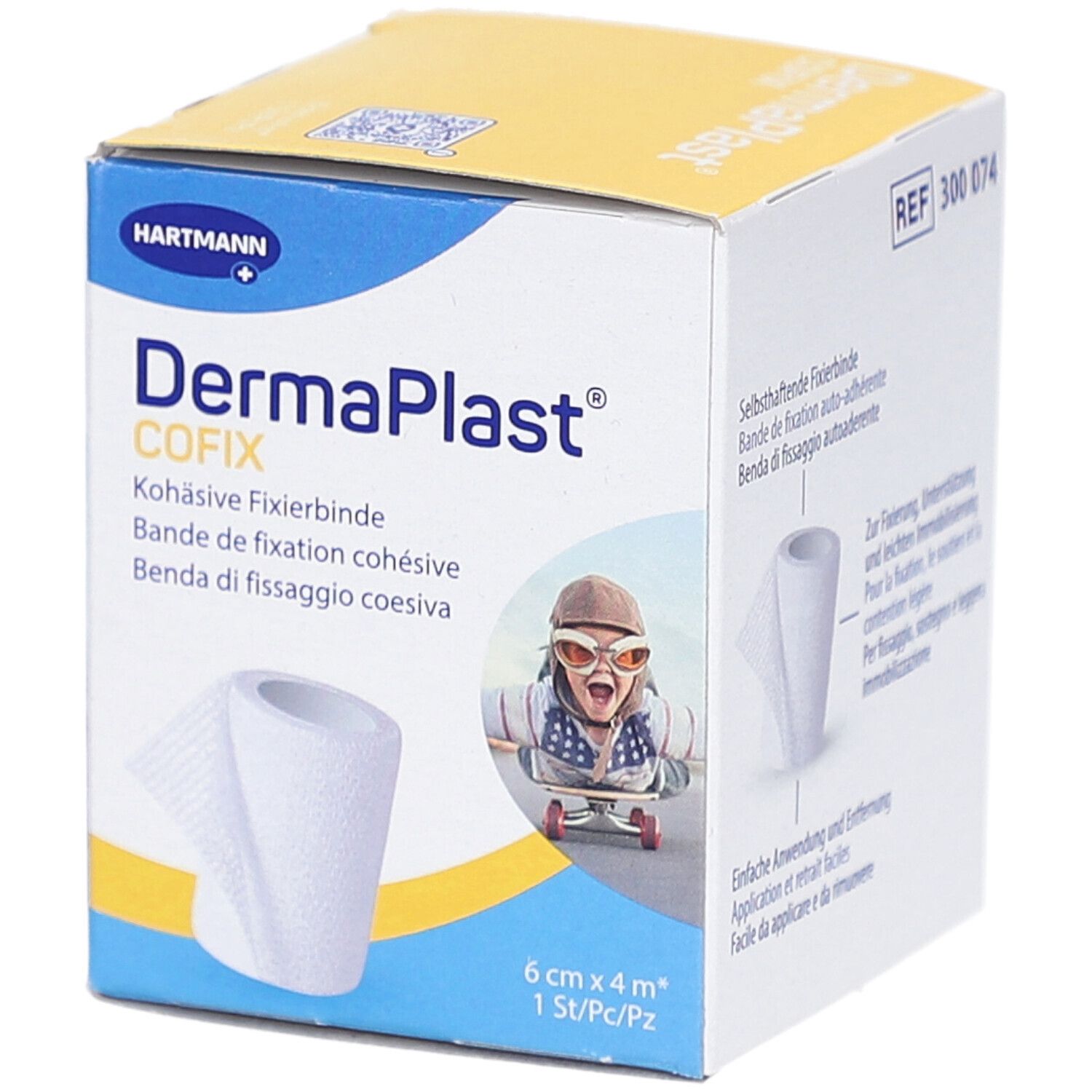 Hartmann DermaPlast Cofix Fixierbinde. Weiße, kohäsive Binde in Kartonverpackung. Größe: 6 cm x 4 m. Mit Abbildung eines Kindes.