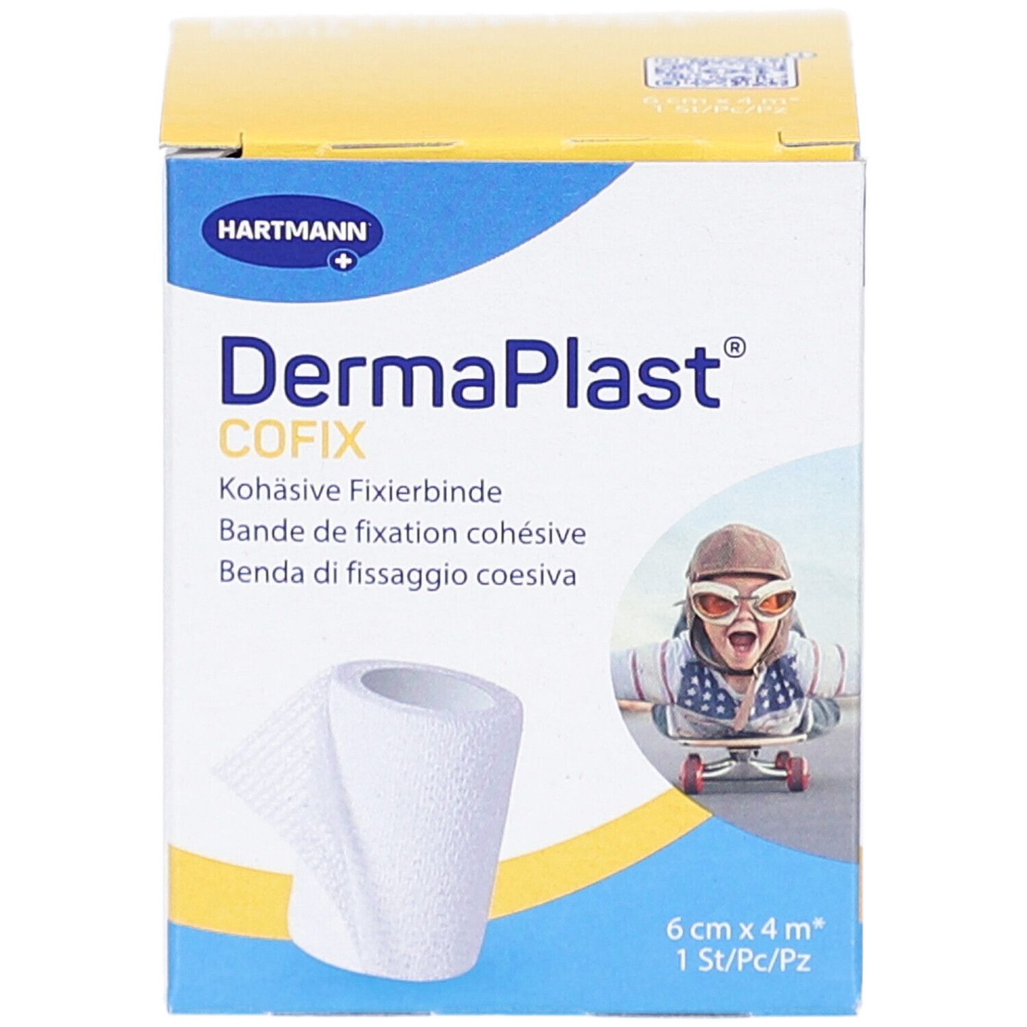 Hartmann DermaPlast Cofix Fixierbinde. Weiße, kohäsive Binde in Kartonverpackung. Größe: 6 cm x 4 m. Mit Abbildung eines Kindes.