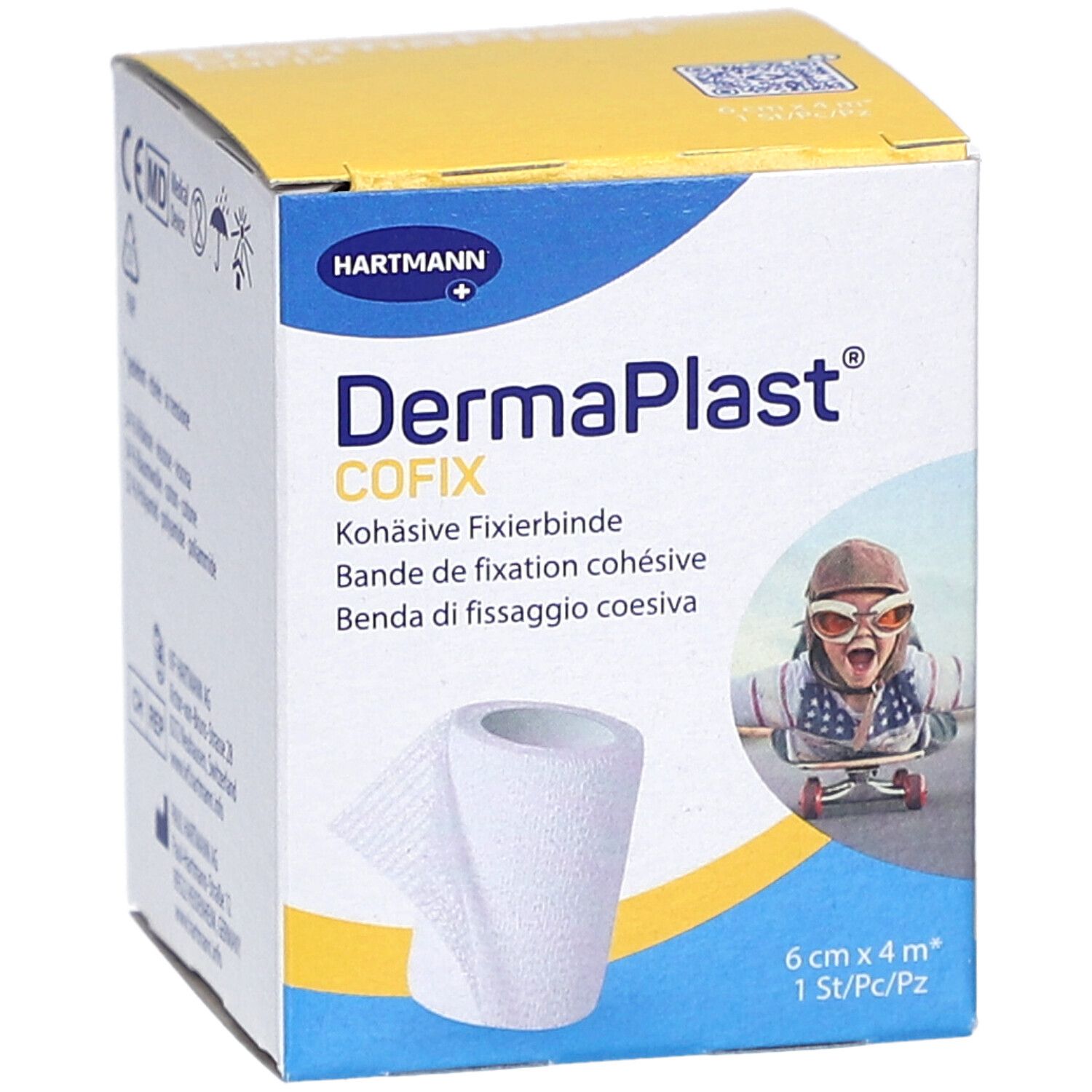 Hartmann DermaPlast Cofix Fixierbinde. Weiße, kohäsive Binde in Kartonverpackung. Größe: 6 cm x 4 m. Mit Abbildung eines Kindes.