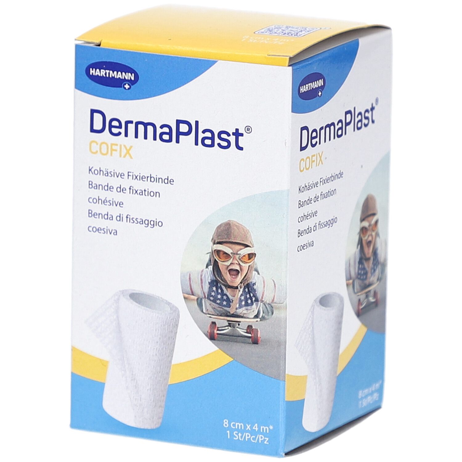 Verpackung von DermaPlast Cofix Fixierband. Aufdrucke: Hartmann, Cofix, 8 cm x 4 m, 1 St/Pc/Pz. Abbildung eines Kindes auf einem Skateboard.