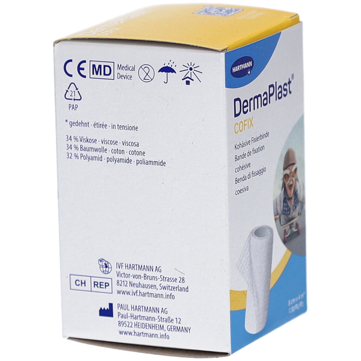 Verpackung von DermaPlast Cofix. Aufdrucke: Hartmann, Cofix, Inhaltsstoffe, CE-Kennzeichnung, Adresse. Rückansicht der Verpackung.