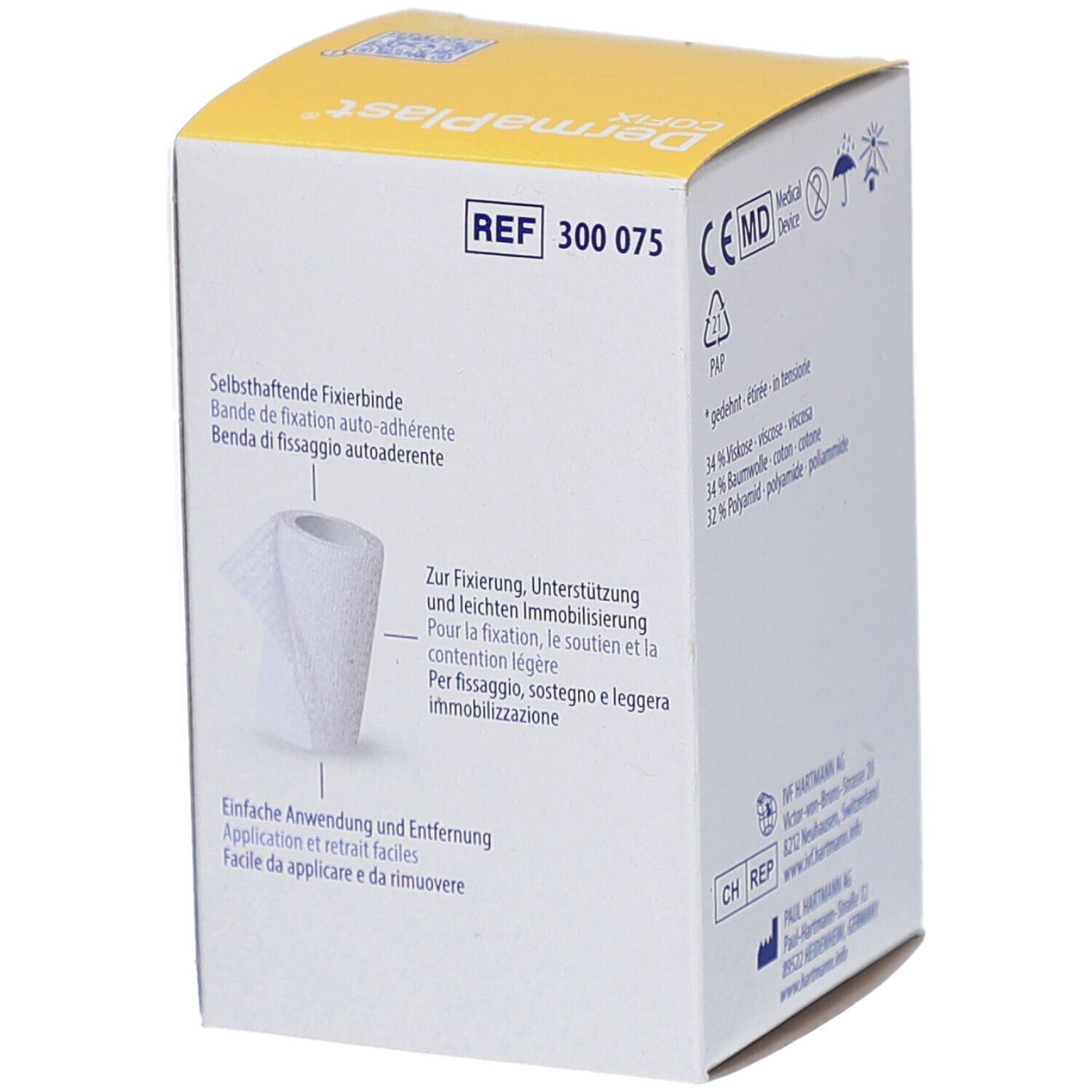 Verpackung von DermaPlast Cofix. Aufdrucke: Hartmann, Cofix, REF-Nummer, Anwendungshinweise. Rückansicht der Verpackung.