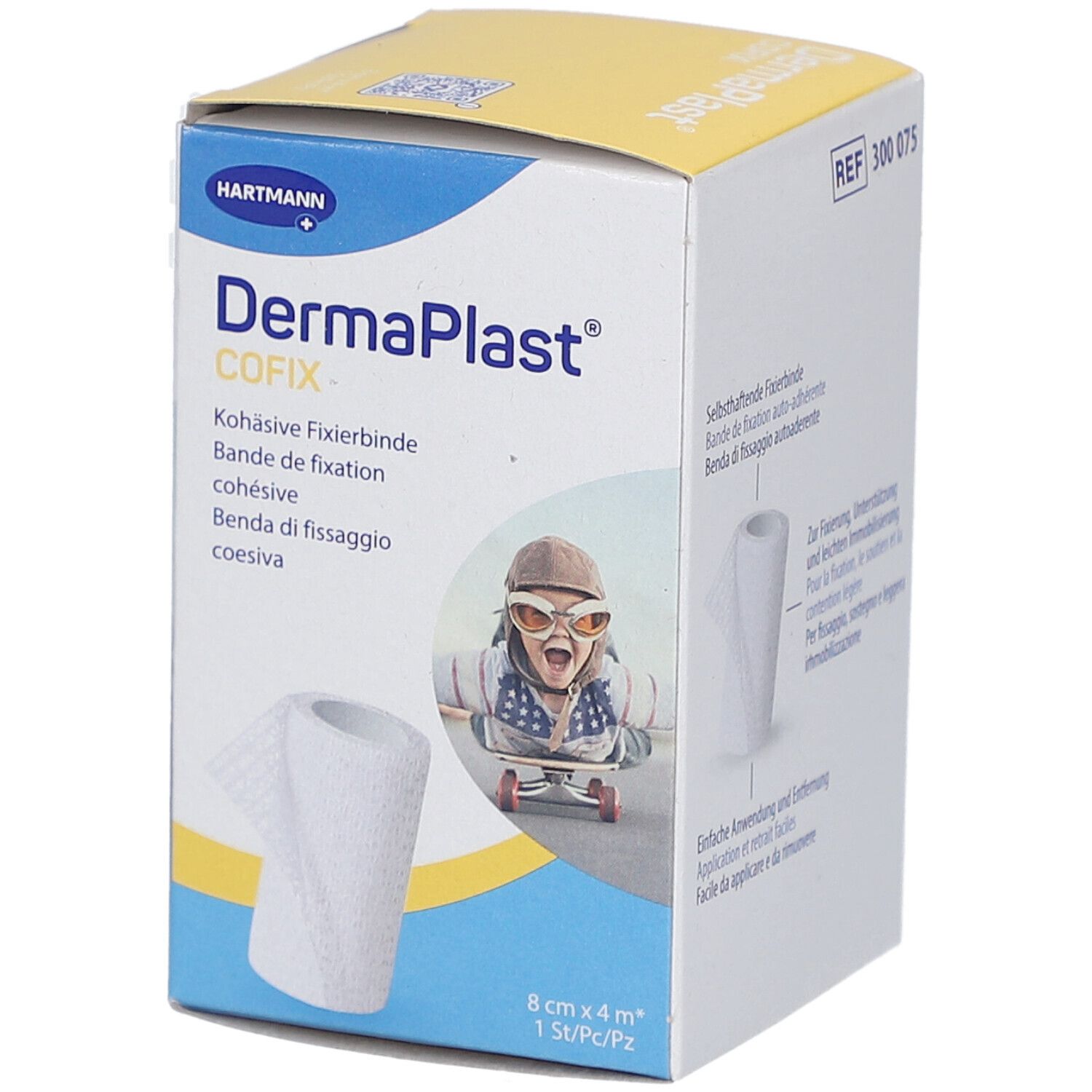 Verpackung von DermaPlast Cofix Fixierband. Aufdrucke: Hartmann, Cofix, 8 cm x 4 m, 1 St/Pc/Pz. Abbildung eines Kindes auf einem Skateboard.
