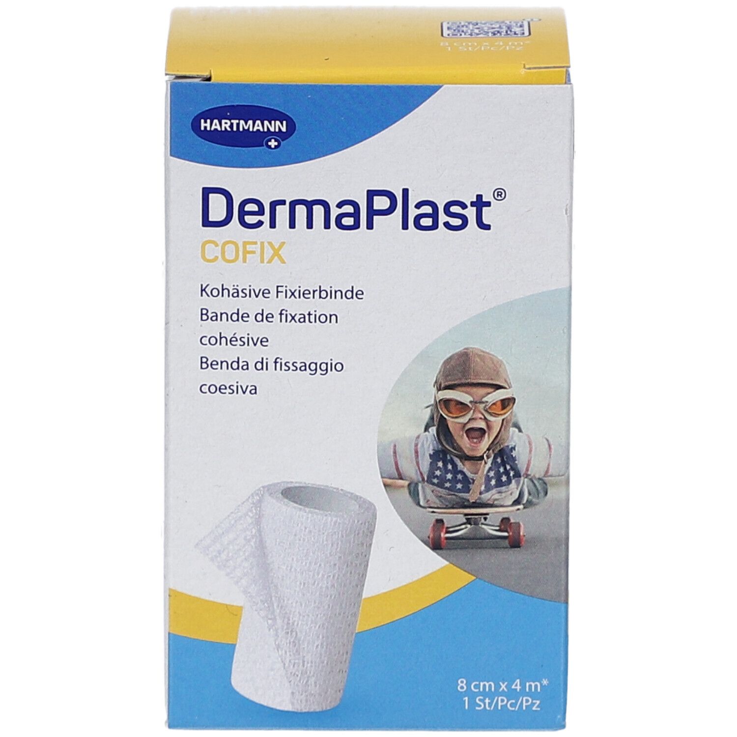Verpackung von DermaPlast Cofix Fixierband. Aufdrucke: Hartmann, Cofix, 8 cm x 4 m, 1 St/Pc/Pz. Abbildung eines Kindes auf einem Skateboard.