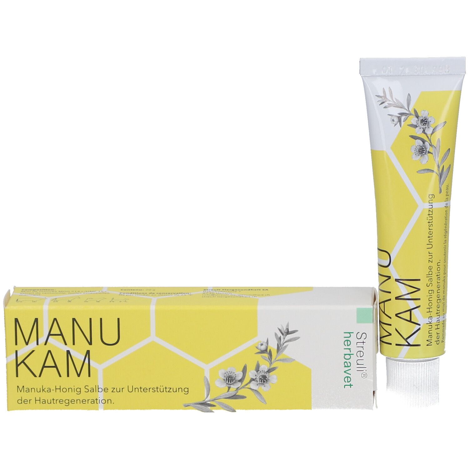 Produktverpackung: Tube und Schachtel. Aufdruck: MANU KAM, Manuka-Honig Salbe. Logo: Streuli herbavet.
