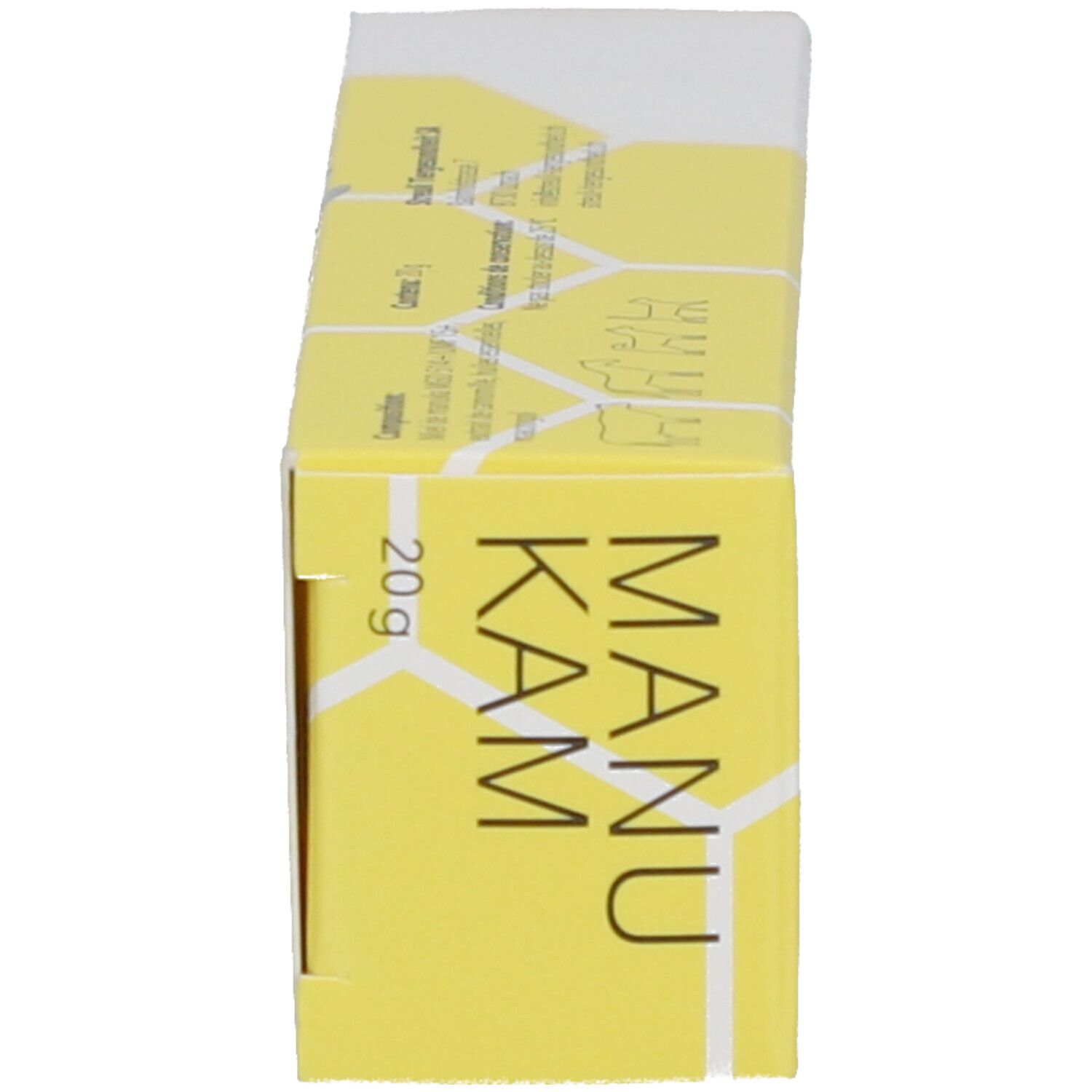 Schachtel, Seitenansicht. Aufdruck: MANU KAM, 20g.