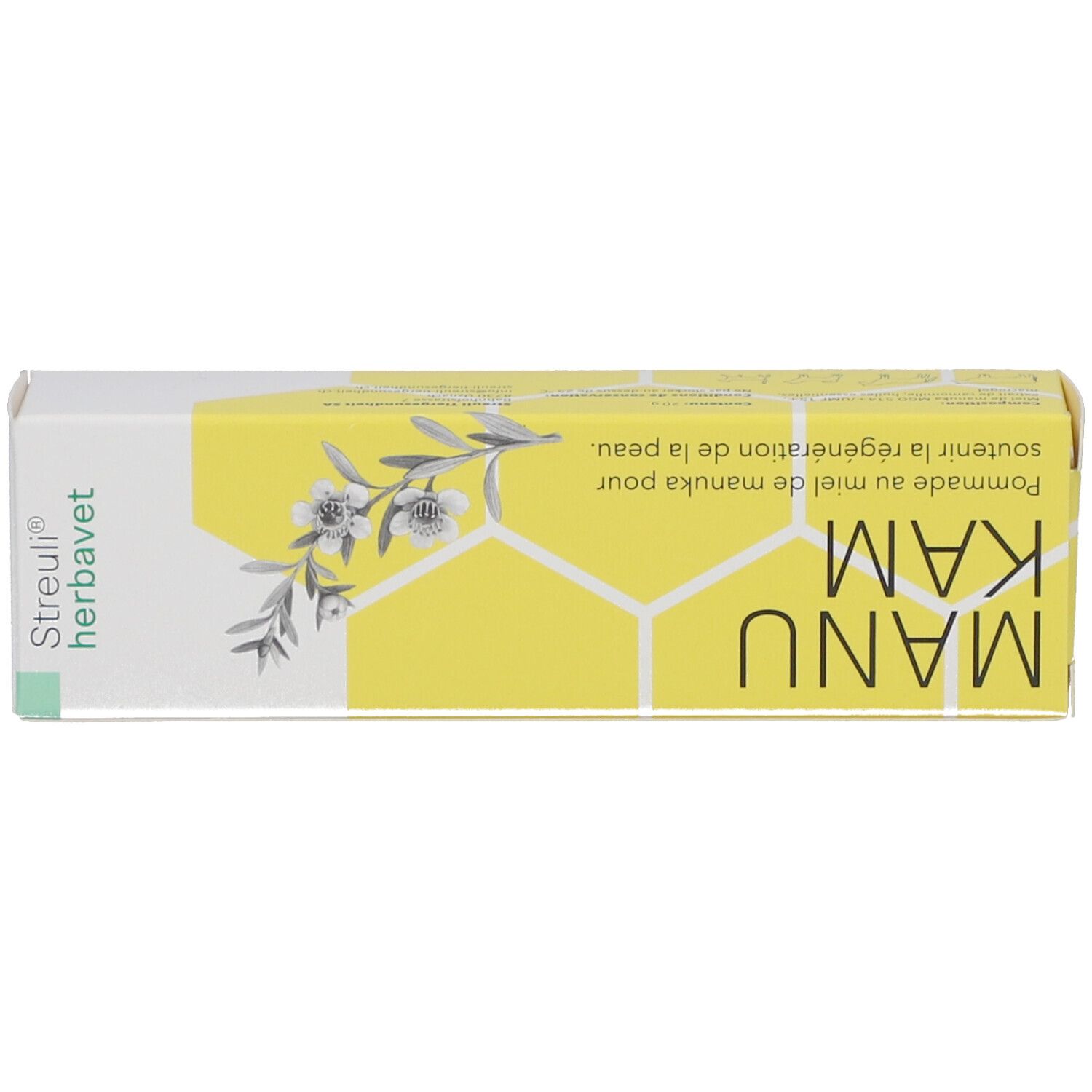 Schachtel, Oberseite. Aufdruck: MANU KAM, Manuka-Honig Salbe. Logo: Streuli herbavet.