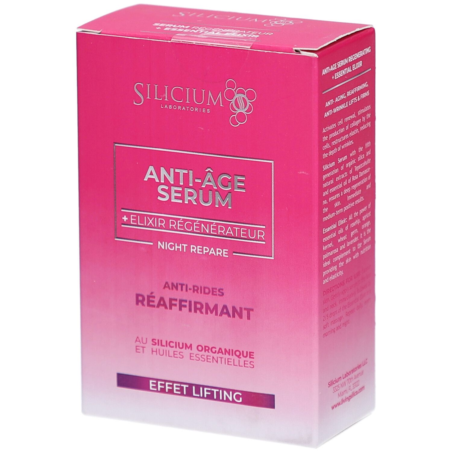 Rosa Schachtel, pink. Aufschrift: Anti-Age Serum + Elixier Régénérateur. Silicium Organique. Effet Lifting.