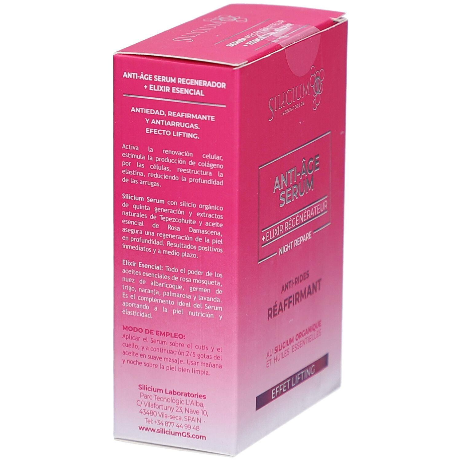 Rosa Schachtel, Text: Anti-Age Serum + Elixier Régénérateur. Silicium Organique. Effet Lifting. Produktinformationen.