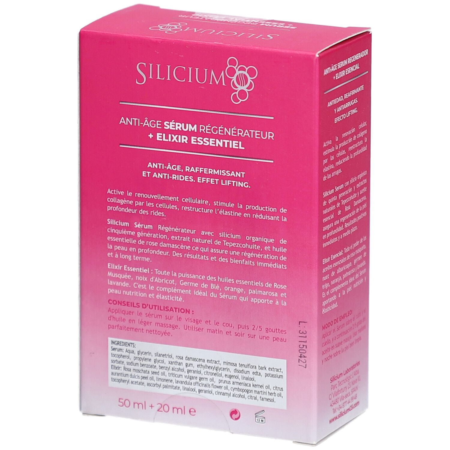 Rosa Schachtel, Text: Anti-Age Serum + Elixier Régénérateur. Silicium Organique. Effet Lifting. Produktinformationen.