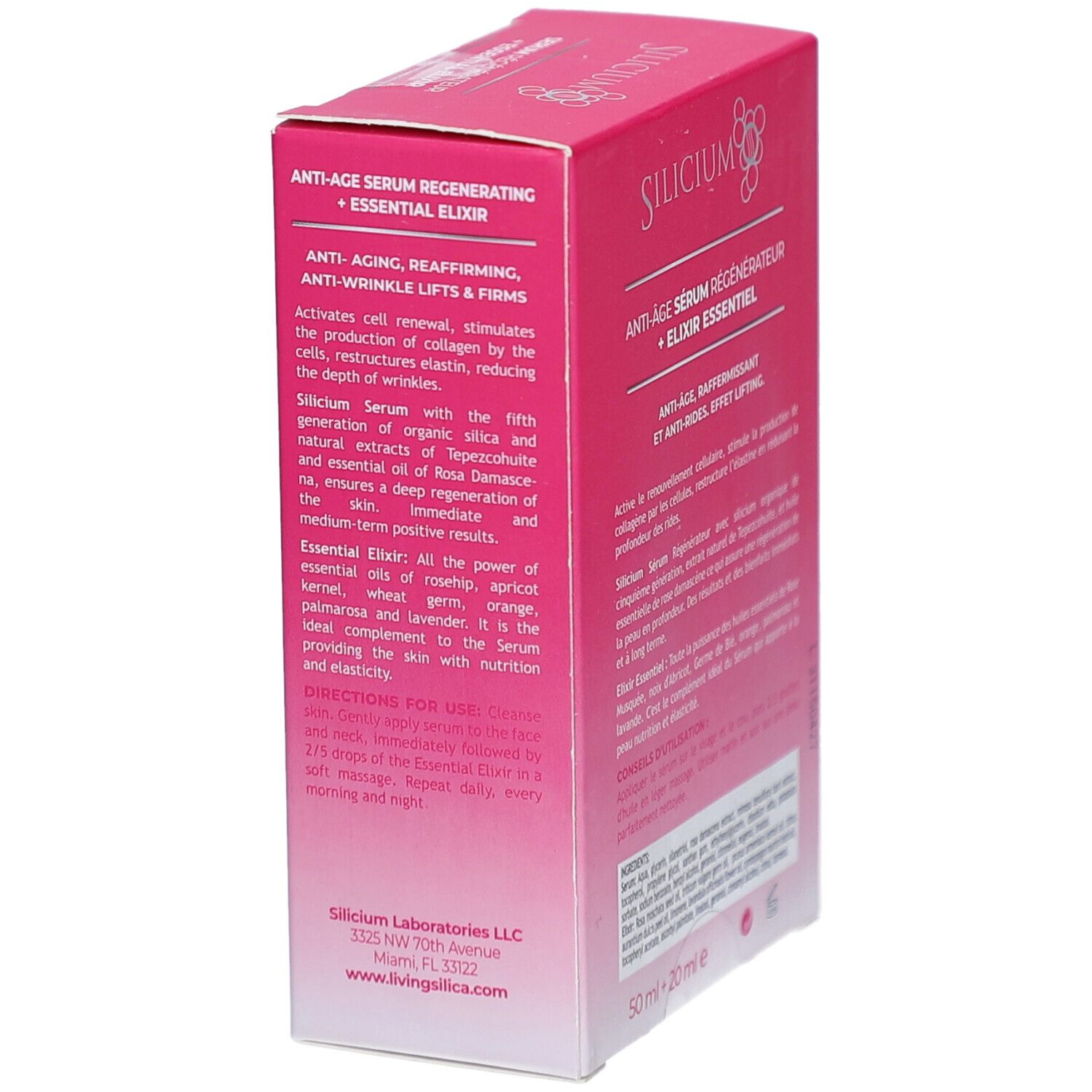 Rosa Schachtel, Text: Anti-Age Serum + Elixier. Silicium Organique. Effet Lifting. Produktinformationen.