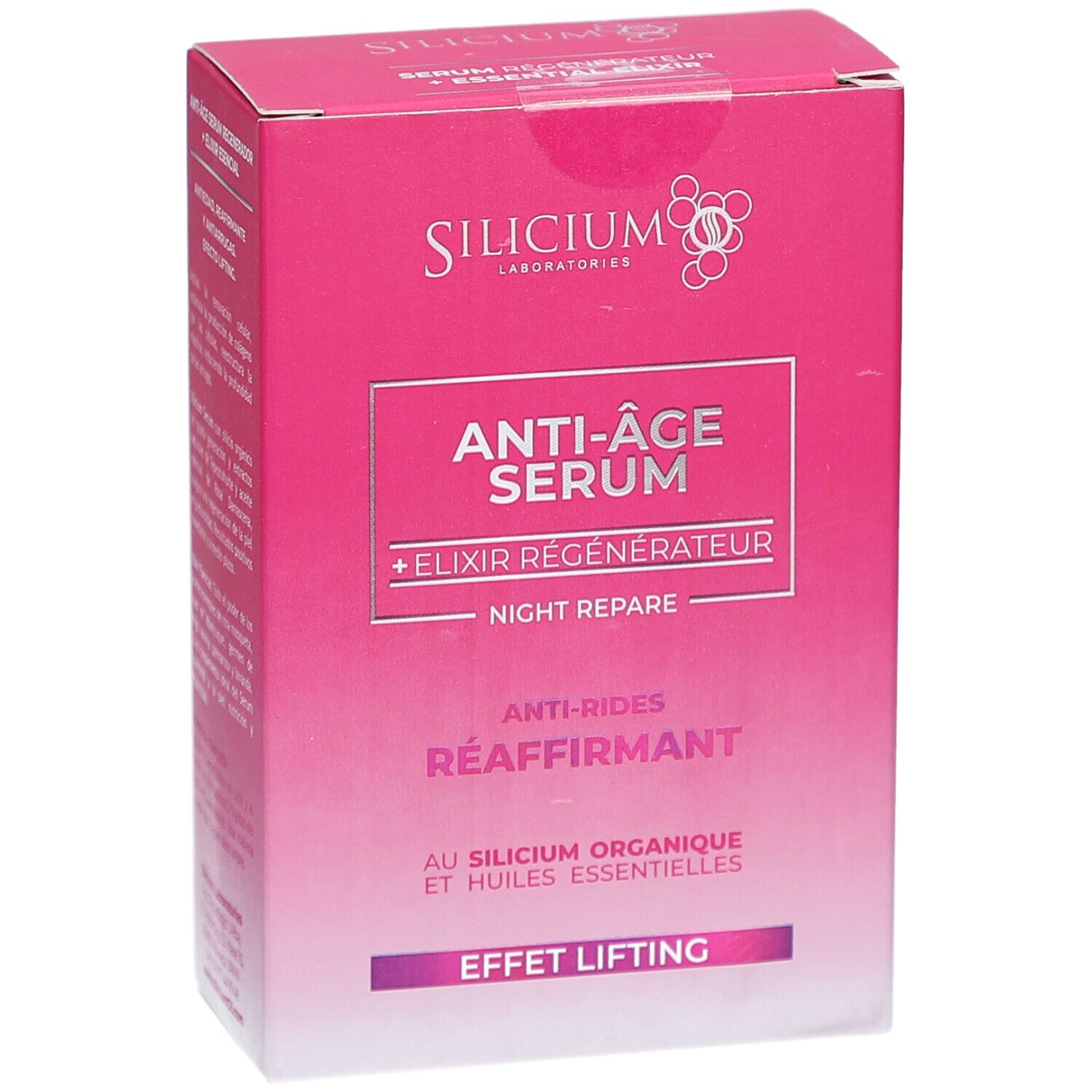 Rosa Schachtel, Text: Anti-Age Serum + Elixier Régénérateur. Silicium Organique. Effet Lifting. Logo Silicium.